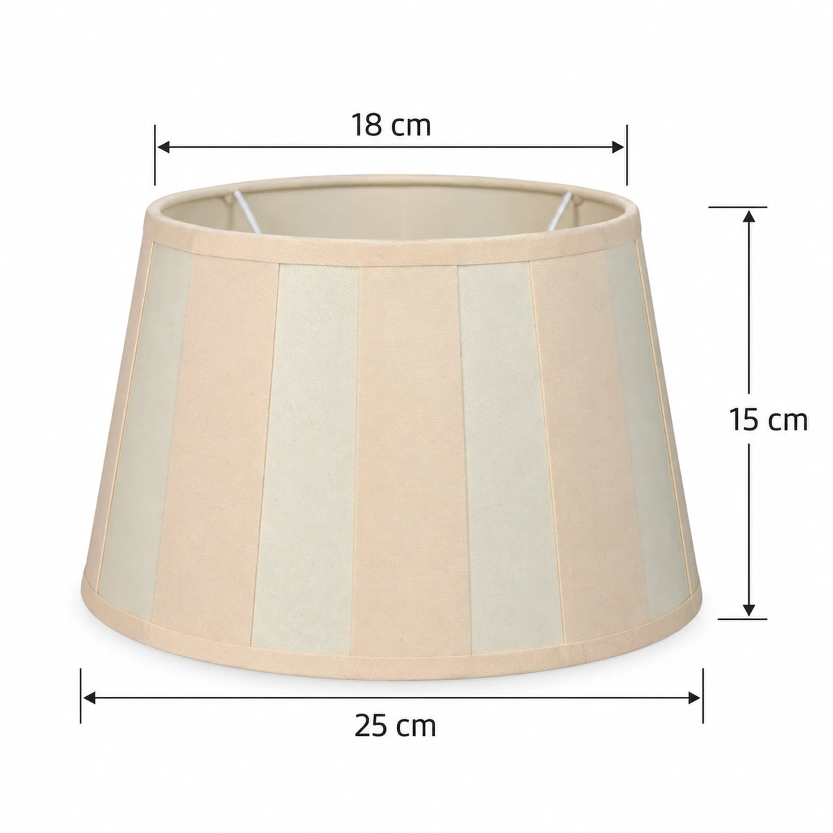 Maßgrafik des Lampenschirms mit 18 cm oberem Durchmesser, 25 cm unterem Durchmesser und 15 cm Höhe.