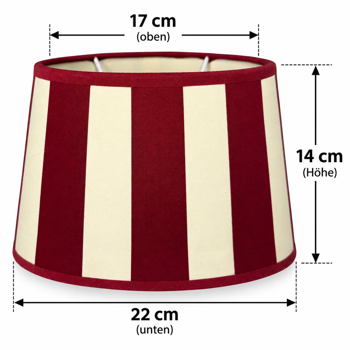 Maßgrafik des ovalen Lampenschirms mit 17 cm oben, 22 cm unten und 14 cm Höhe