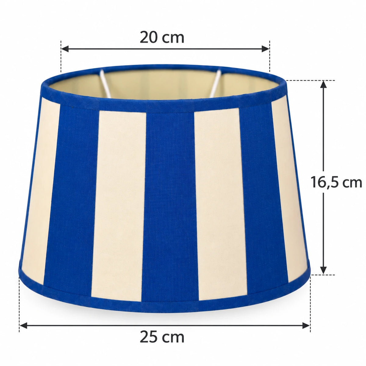 Maßgrafik des ovalen Lampenschirms mit 20 cm oben, 25 cm unten und 16,5 cm Höhe
