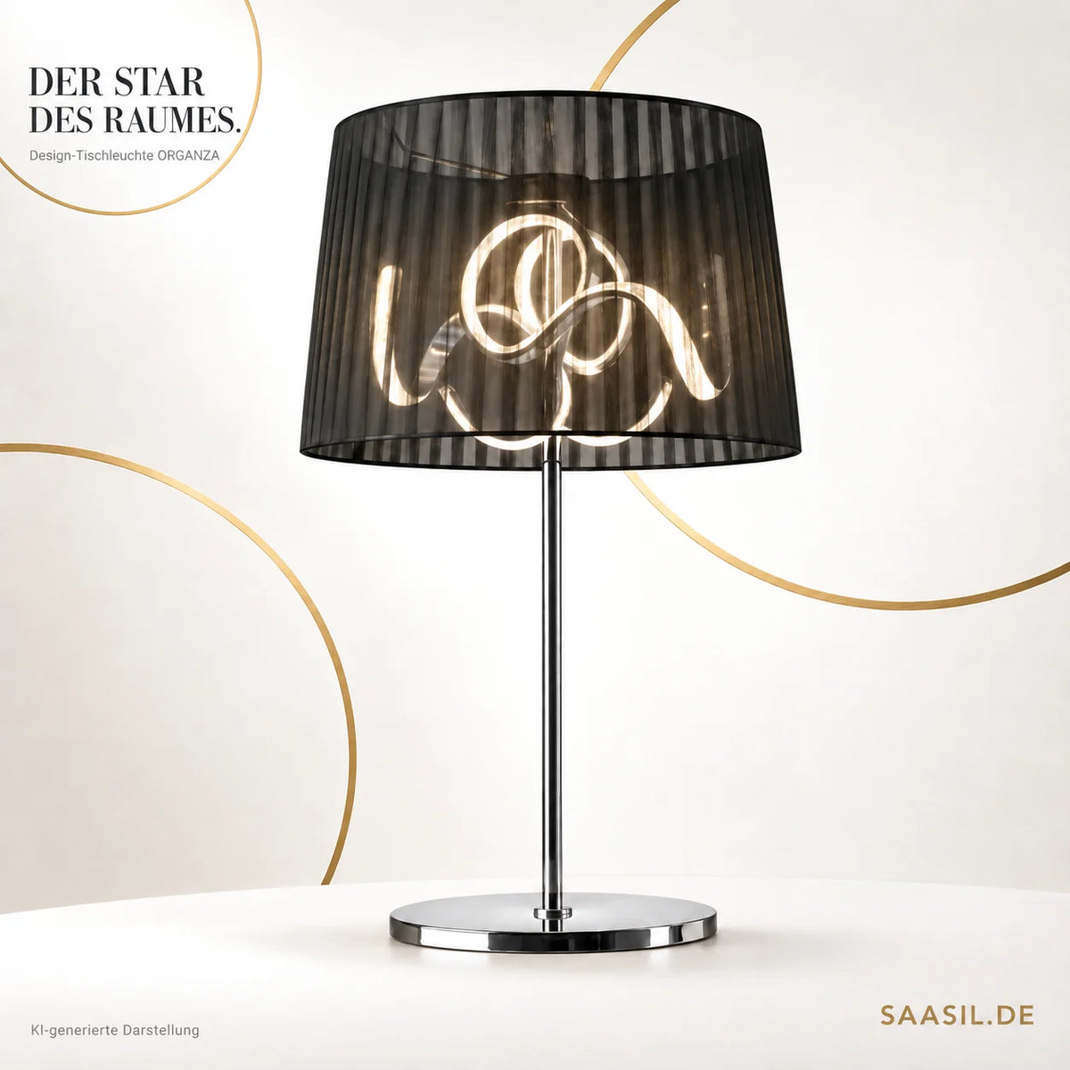 Design LED-tafellamp Organza met chique zwarte stoffen kap – chroom – Sompex
