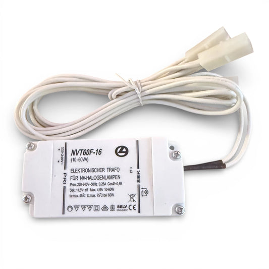 Elektronischer Transformator 10–60W 12V AC von Starlicht, Modell NVT60F-16, mit abnehmbarem Kabelbaum, geeignet für NV-Halogenlampen und LED-Retrofits