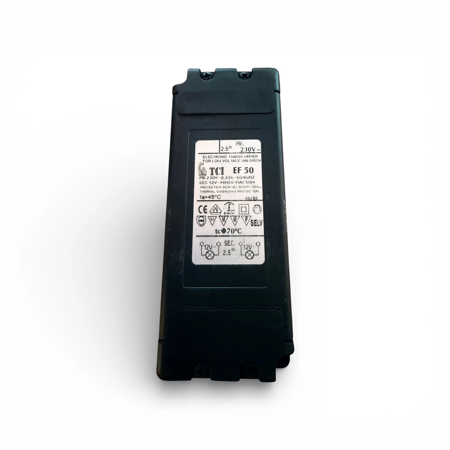 TCI EF50 elektronischer Transformator 12V 20-50W Halogen Trafo mit VDE Zeichen – 145x55x20mm Innenbereich IP20
