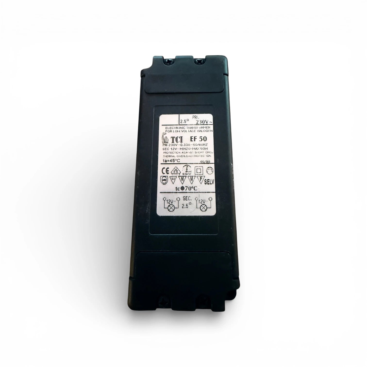 TCI EF50 elektronischer Transformator 12V 20-50W Halogen Trafo mit VDE Zeichen – 145x55x20mm Innenbereich IP20