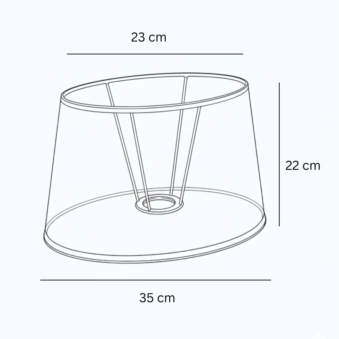 Technische Skizze eines braunen ovalen Lampenschirms aus Leinen mit Maßen 23 cm oben, 35 cm unten und 22 cm Höhe, E27, Light & Living, Artikelnummer 32435-1781