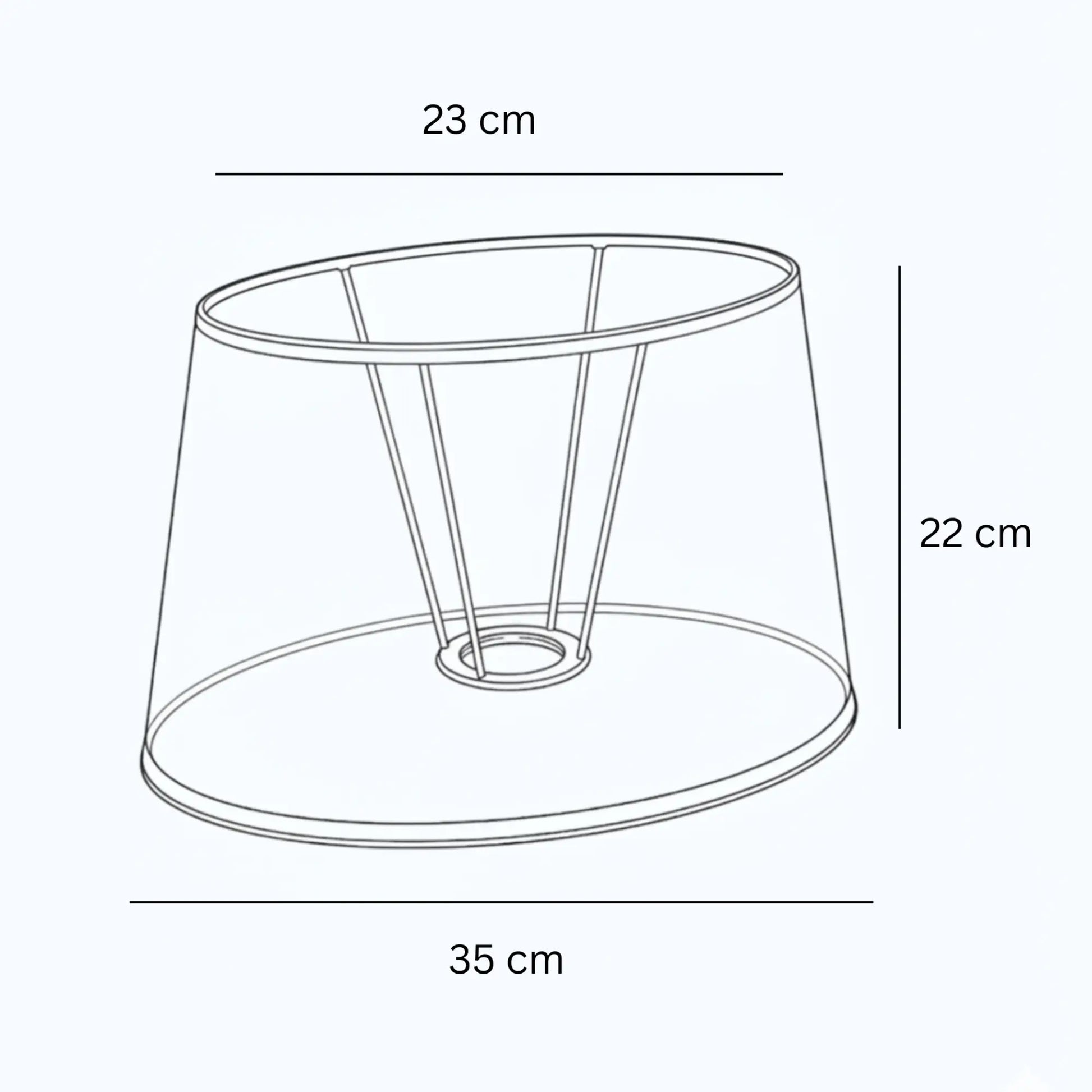 Technische Skizze eines braunen ovalen Lampenschirms aus Leinen mit Maßen 23 cm oben, 35 cm unten und 22 cm Höhe, E27, Light & Living, Artikelnummer 32435-1781