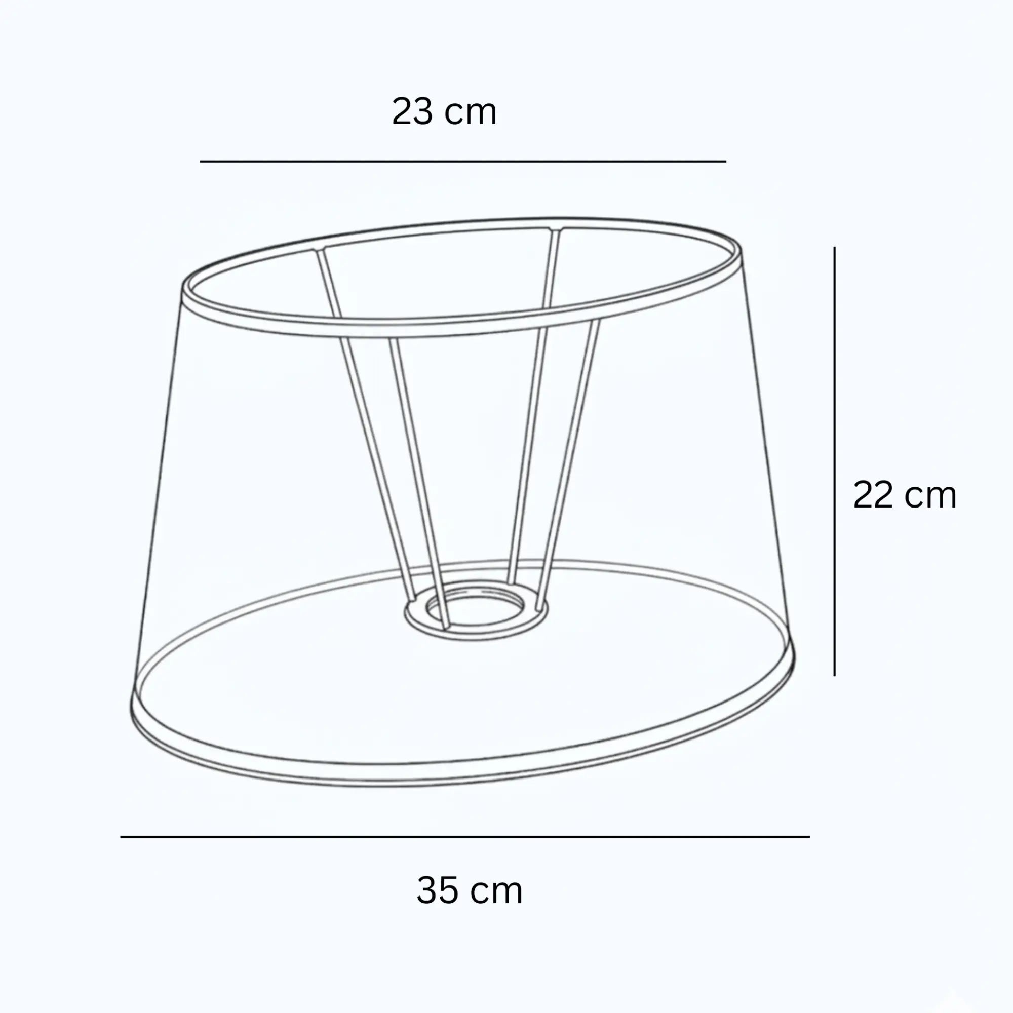 Technische Skizze eines braunen ovalen Lampenschirms aus Leinen mit Maßen 23 cm oben, 35 cm unten und 22 cm Höhe, E27, Light & Living, Artikelnummer 32435-1781