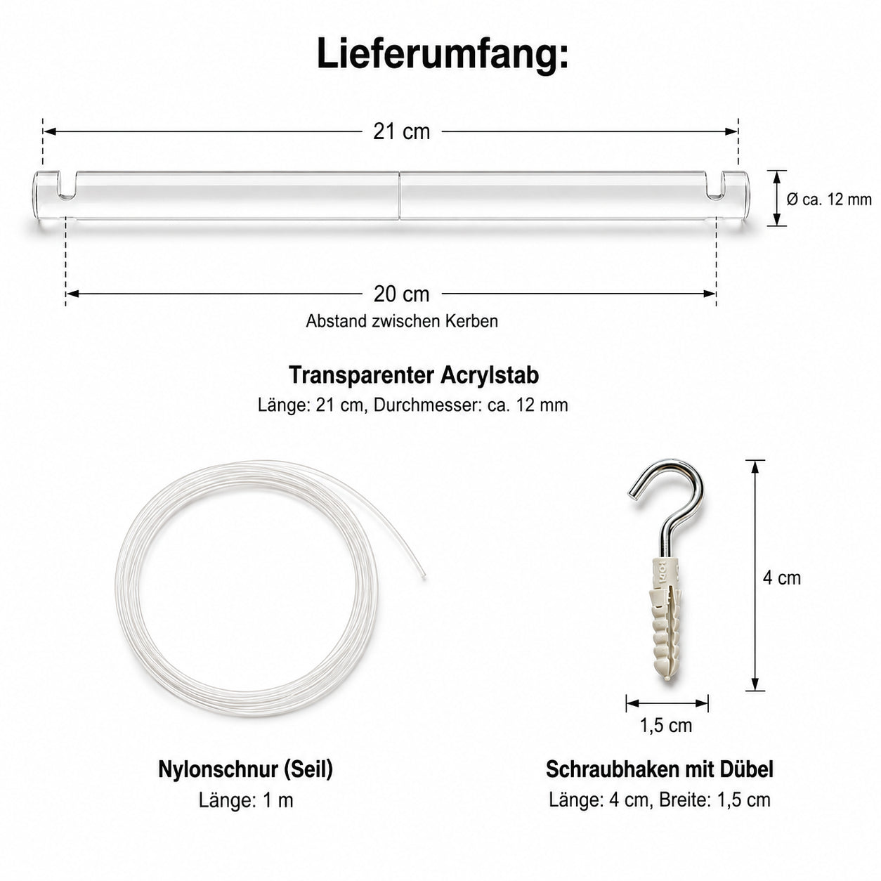 Transparente Acryl-Zwischenaufhängung für 12V LED- und Halogen-Seilsysteme mit 20 cm Seilabstand und 1 m Nylonschnur