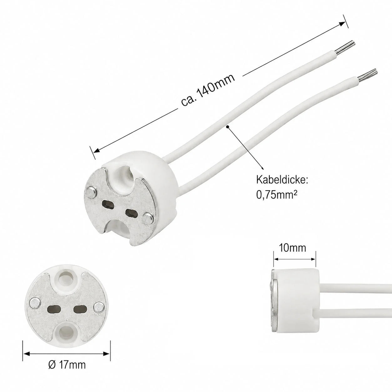G4 GX5,3 GU5.3 GY6,35 Lampenfassung MR16 12V mit 17 mm Durchmesser 10 mm Höhe und 140 mm Kabel