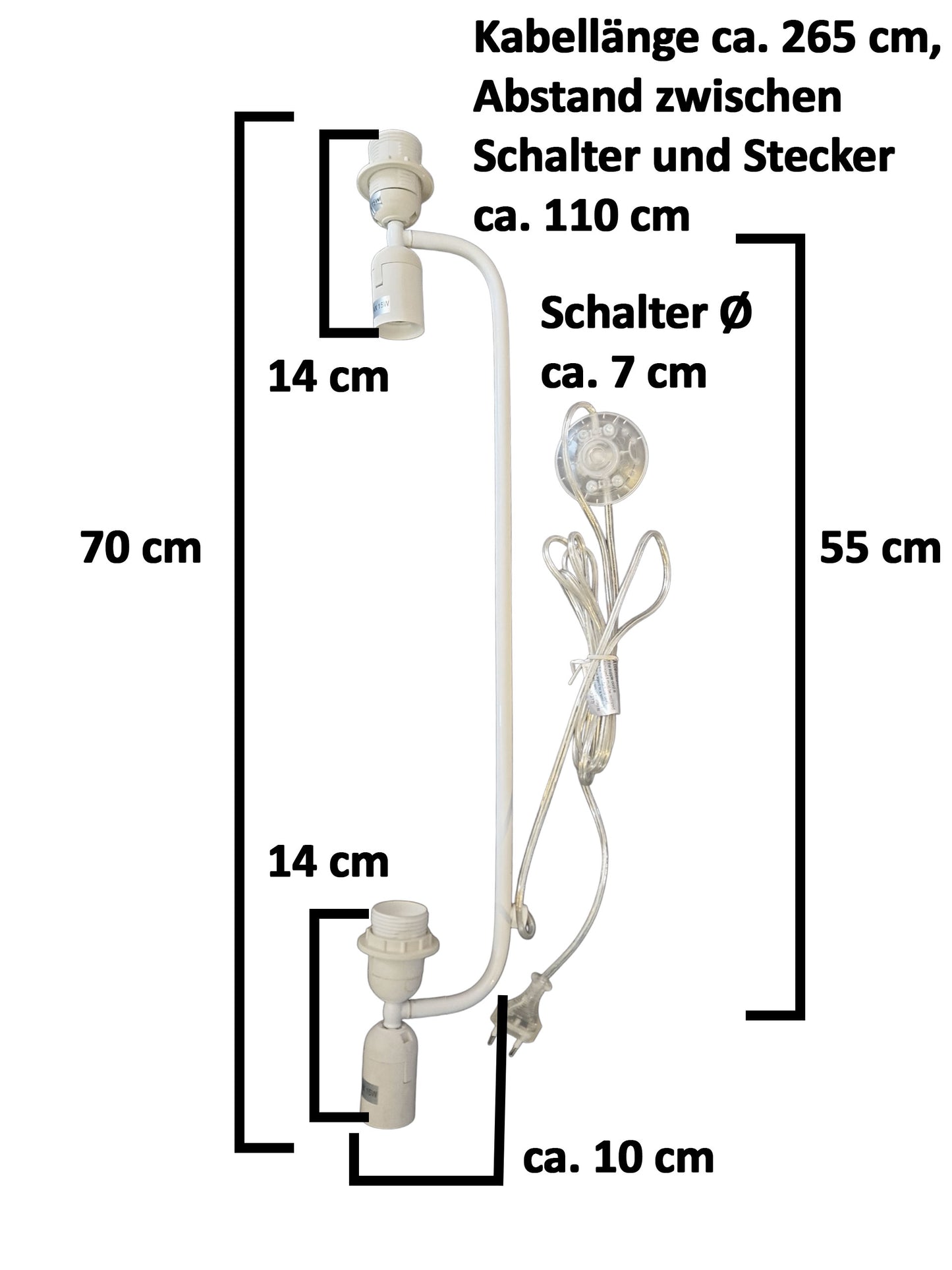 Lampengestell mit 4x E27 Fassung max 15W Metall weiß Ersatzteil Stoff Stehlampe Innenleben Reparatur Stange 70cm mit Steckerkabel 265cm mit Schalter transparent Sompex 96157 