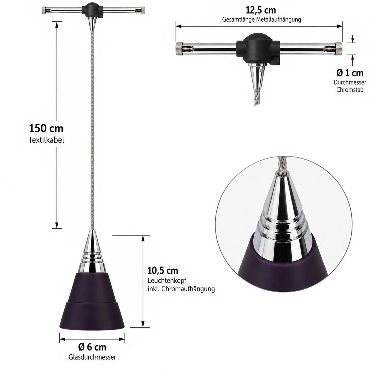 BRUCK VIOLA 150 339 vm 12V Seilsystem Hängeleuchte mit violettem Glas