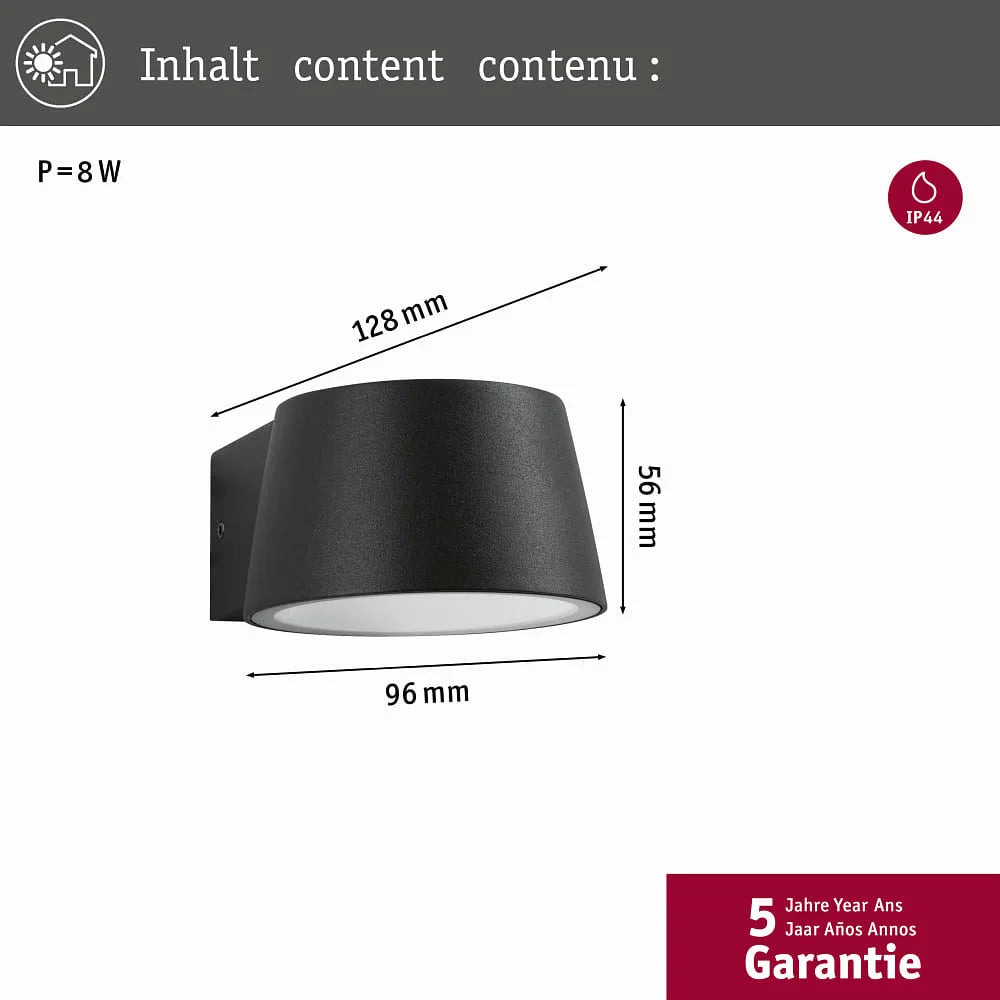 Paulmann 94452 LED Wandlampe außen 6W IP44 warmweiß mit maßen 128mm tief, 56mm hoch, 96mm breit
