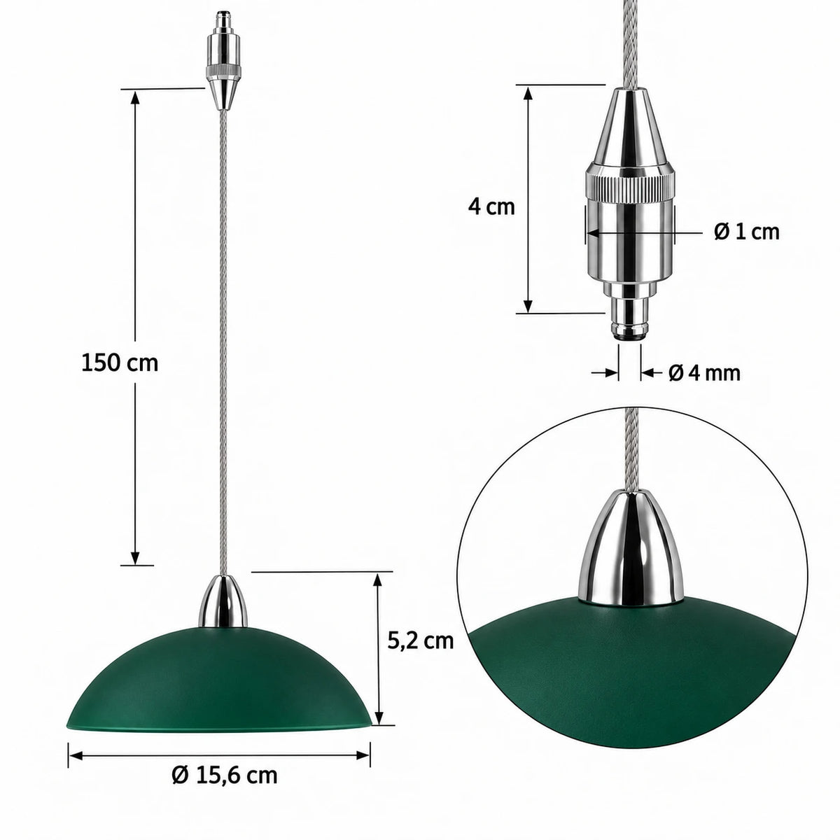 BRUCK SINA 220 210 gr Maßzeichnung mit 15,6 cm Glasdurchmesser, 5,2 cm Leuchtenhöhe und 150 cm Textilkabel