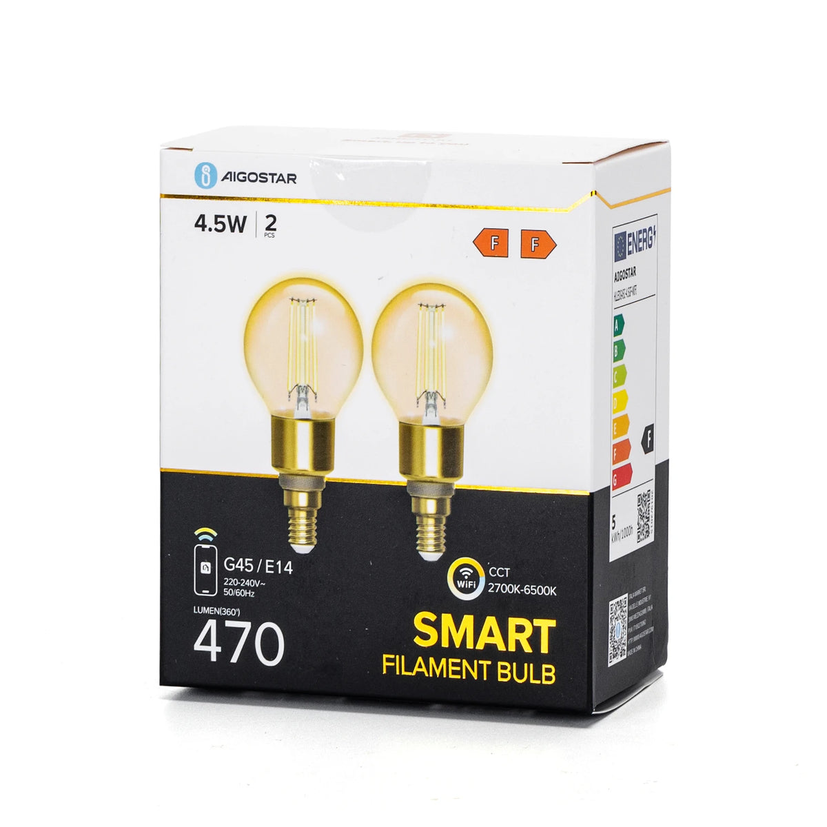 Aigostar smarte LED-Filamentlampen E14 G45 – 2er-Set, WLAN, 2700–6500 K – Verpackung