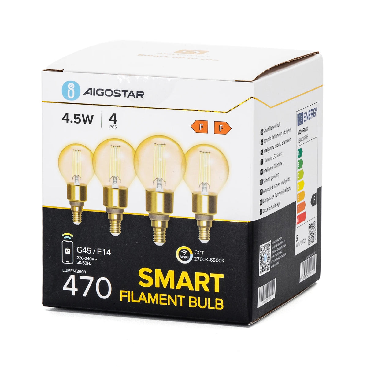 Aigostar smarte LED-Filamentlampen E14 G45 – 4er-Set, WLAN, 2700–6500 K – Verpackung