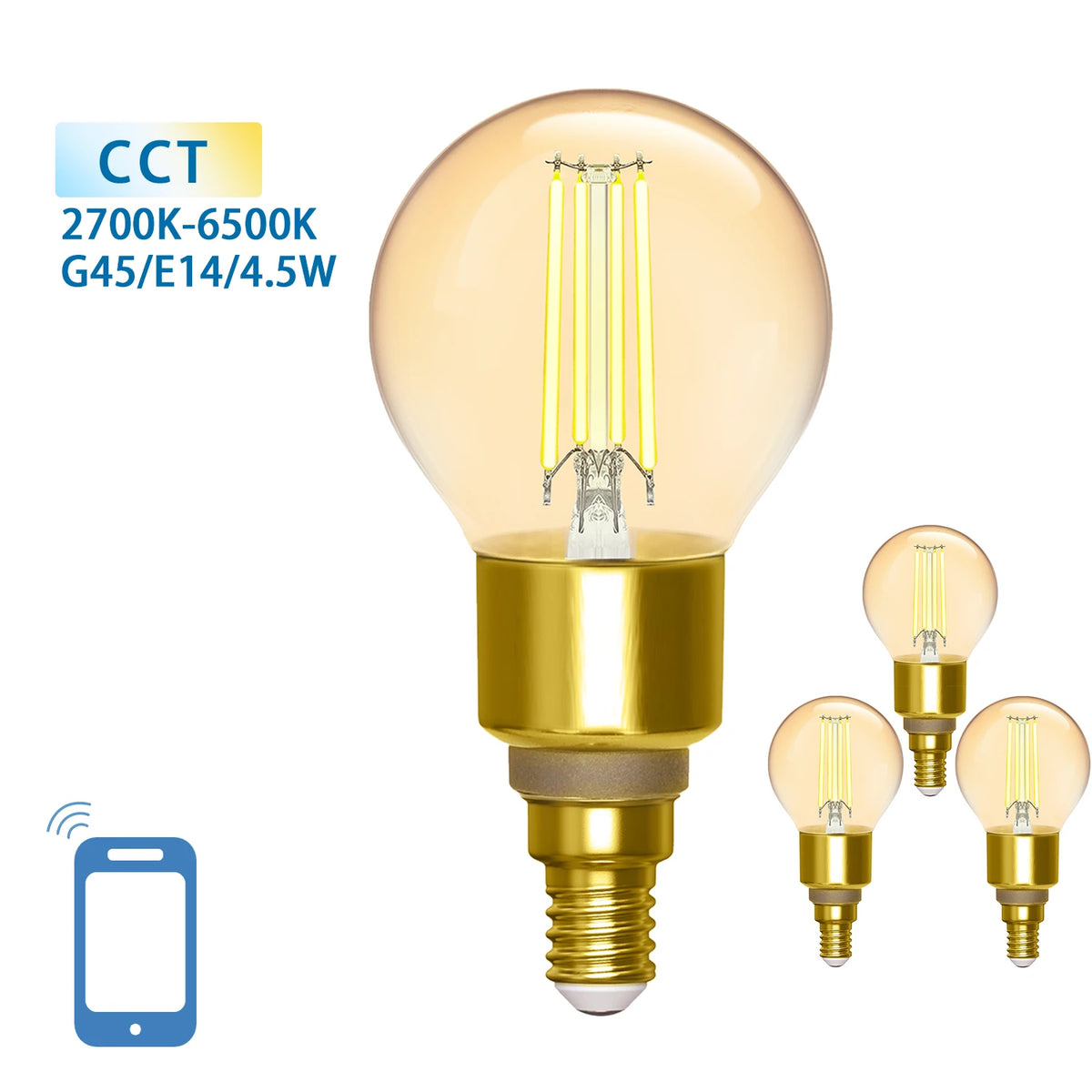 Aigostar smarte LED-Filamentlampen E14 G45 – 4er-Set, WLAN, 2700–6500 K – Produktansicht 2
