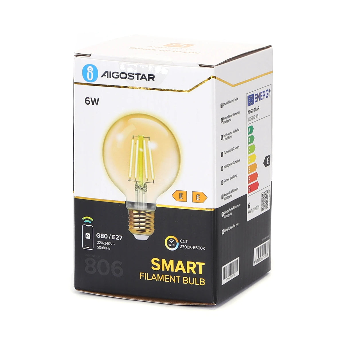 Aigostar smarte LED-Filamentlampe E27 G80 – Bernstein, WLAN, 6 W CCT – Verpackung