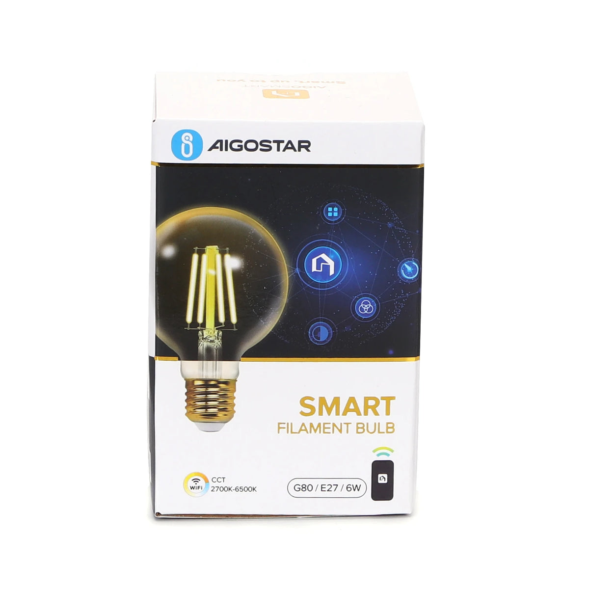 Aigostar smarte LED-Filamentlampe E27 G80 – Bernstein, WLAN, 6 W CCT – Verpackung