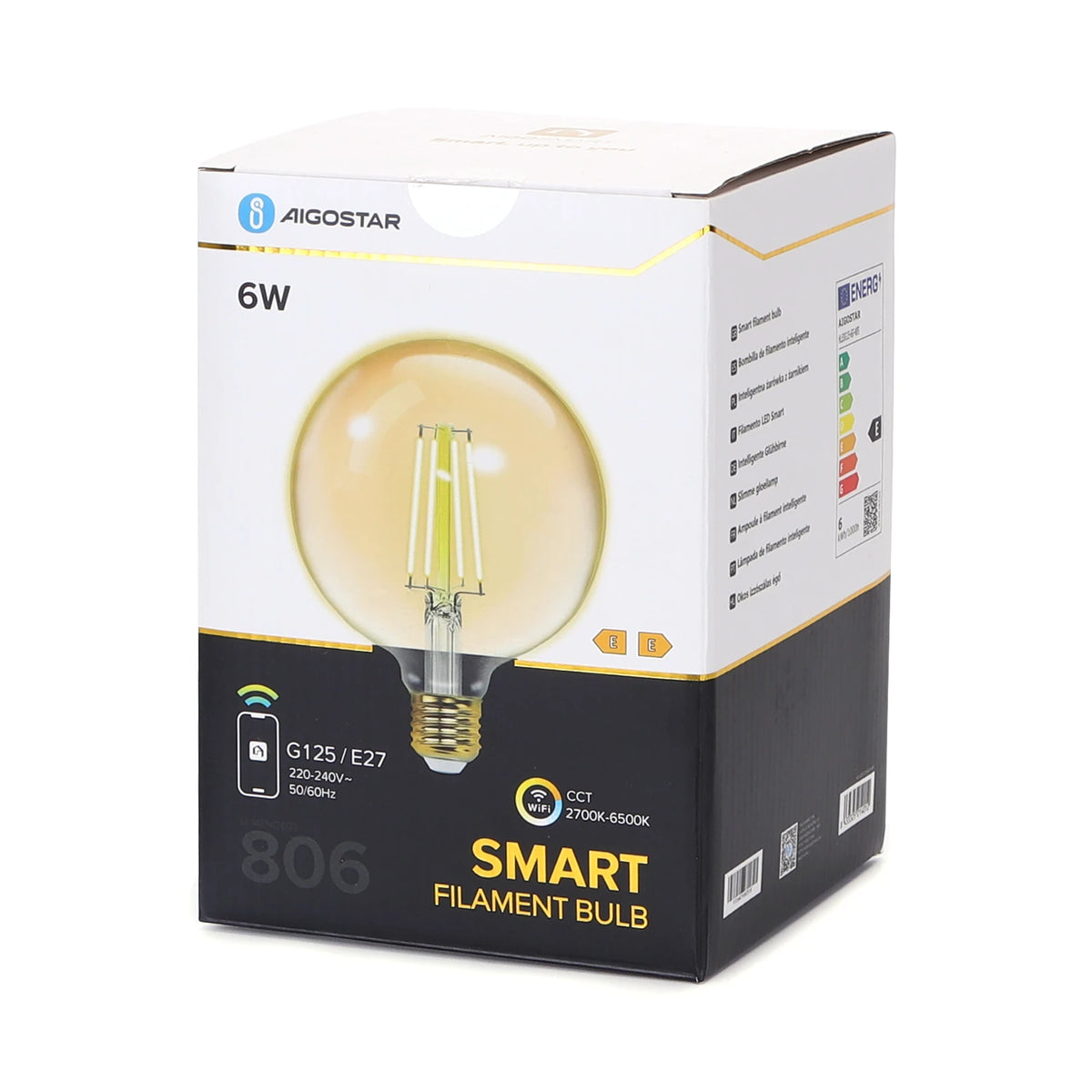 Aigostar smarte LED-Filamentlampe E27 G125 – Bernstein, WLAN, 6 W CCT – Verpackung