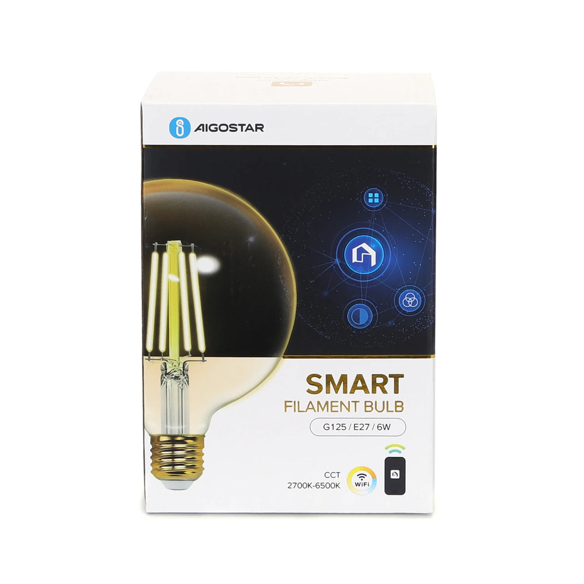 Aigostar smarte LED-Filamentlampe E27 G125 – Bernstein, WLAN, 6 W CCT – Verpackung