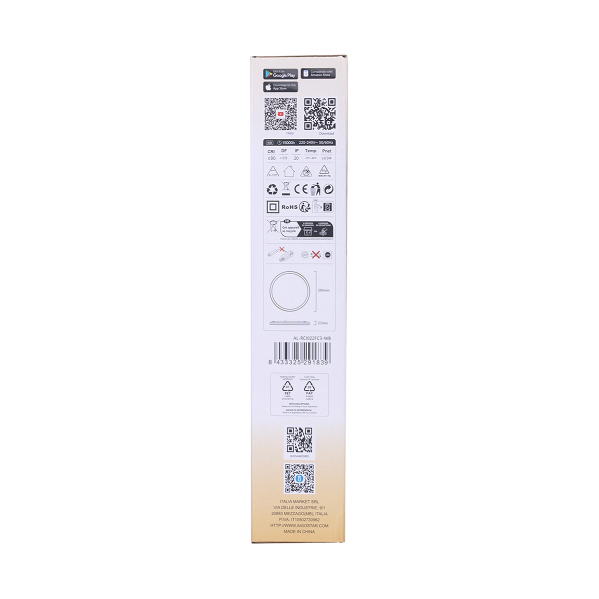 Aigostar smarte LED-Deckenleuchte – 22 W RGB+CCT, WLAN, ultraflach Ø 29,5 cm – Verpackung
