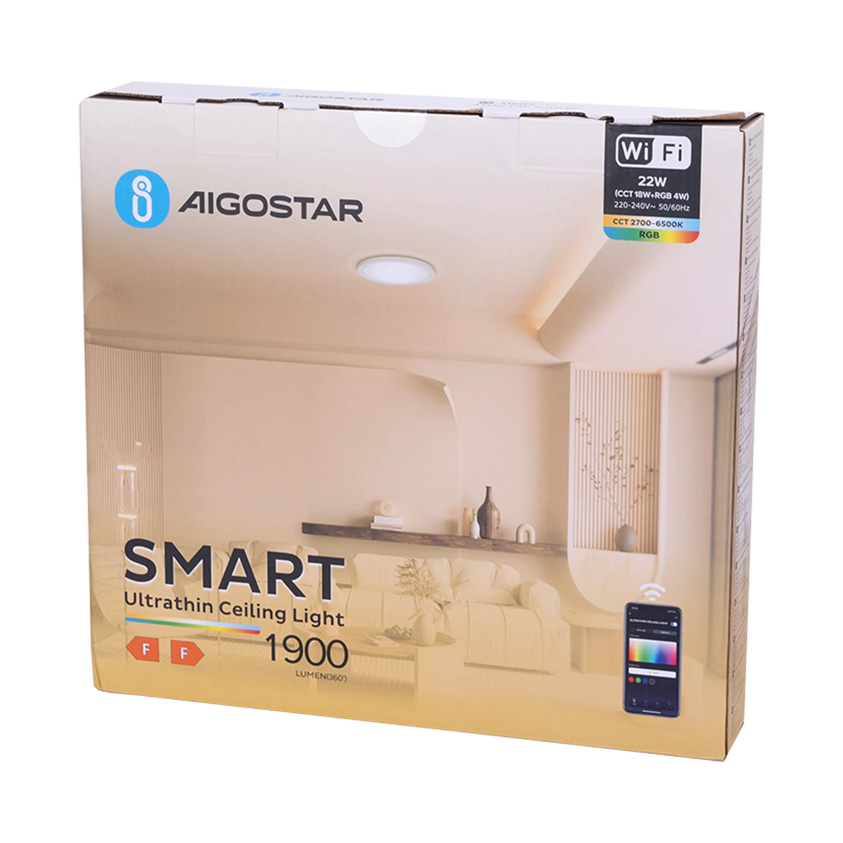 Aigostar smarte LED-Deckenleuchte – 22 W RGB+CCT, WLAN, ultraflach Ø 29,5 cm – Verpackung