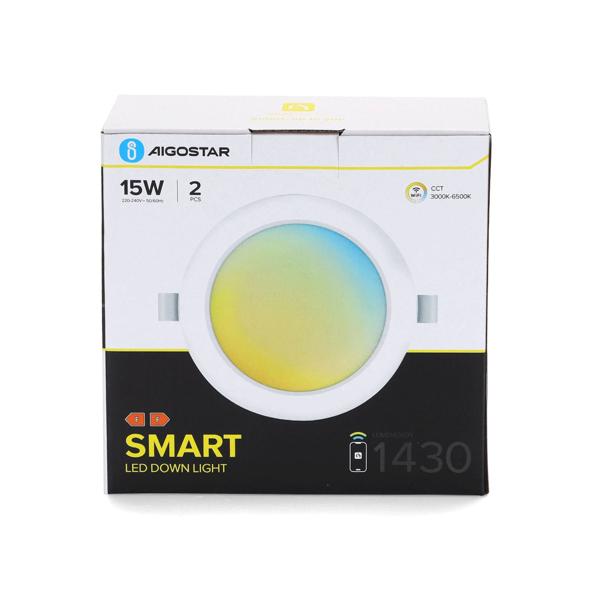Aigostar smarte LED-Einbauleuchten – 2er-Set, 15 W, WLAN, 3000–6500 K – Verpackung