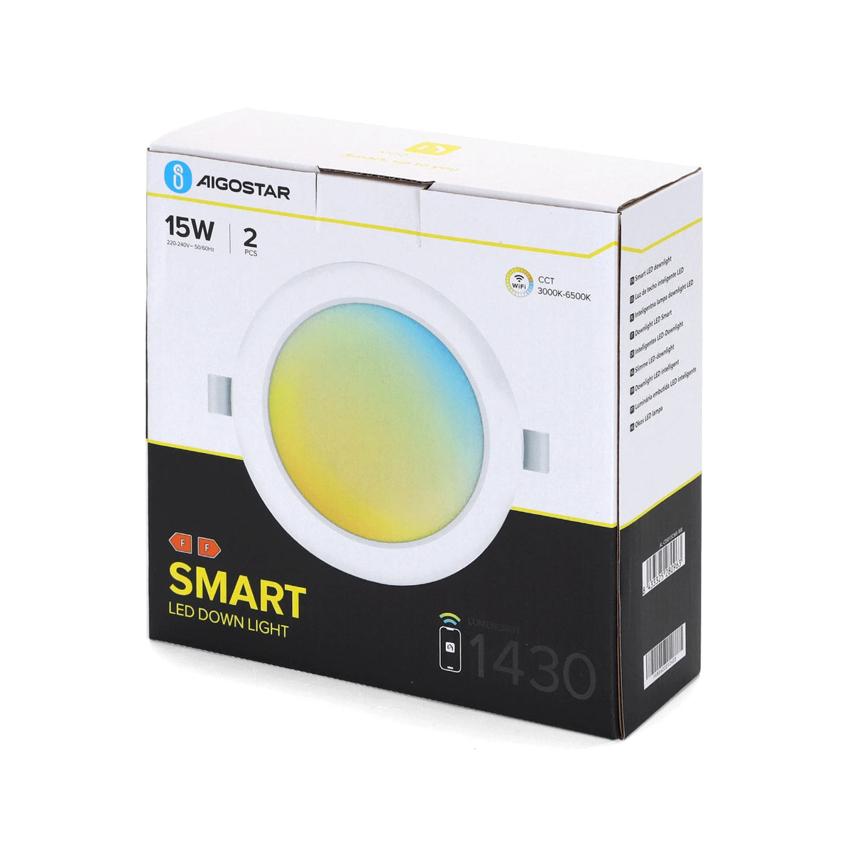 Aigostar smarte LED-Einbauleuchten – 2er-Set, 15 W, WLAN, 3000–6500 K – Verpackung