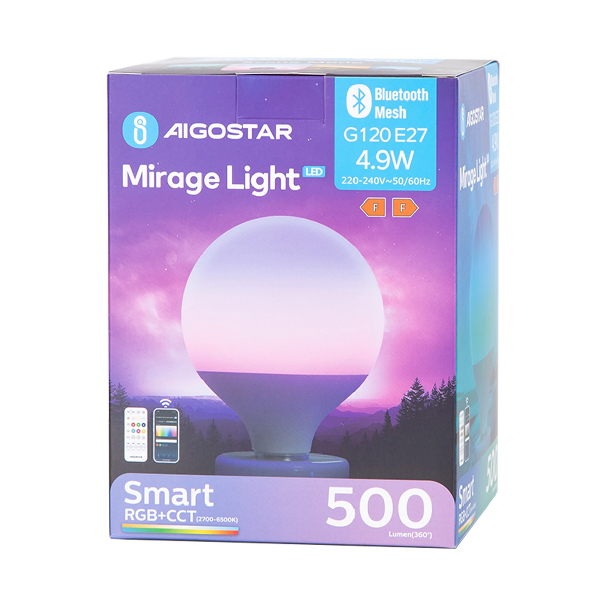 Aigostar smarte LED-Lampe E27 G120 Mirage – 4,9 W RGB+CCT, Bluetooth Mesh – Verpackung