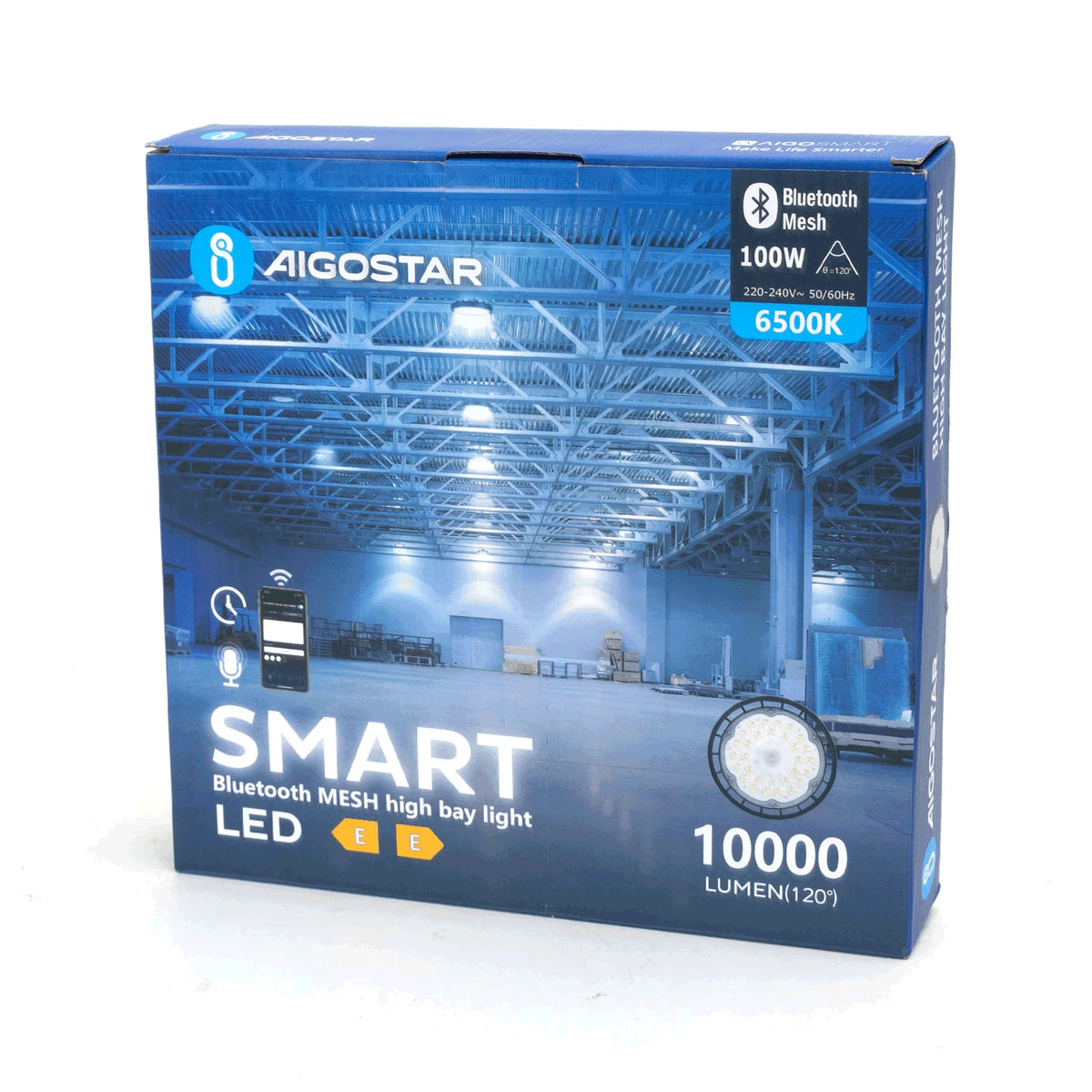 Aigostar smarte LED-Hallenleuchte 100 W – 6500 K, 10000 lm, IP65, Bluetooth Mesh – Verpackung
