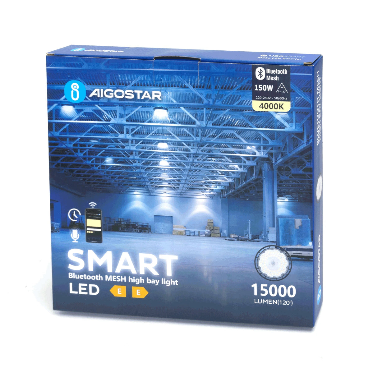 Aigostar smarte LED-Hallenleuchte 150 W – 4000 K, 15000 lm, IP65, Bluetooth Mesh – Verpackung