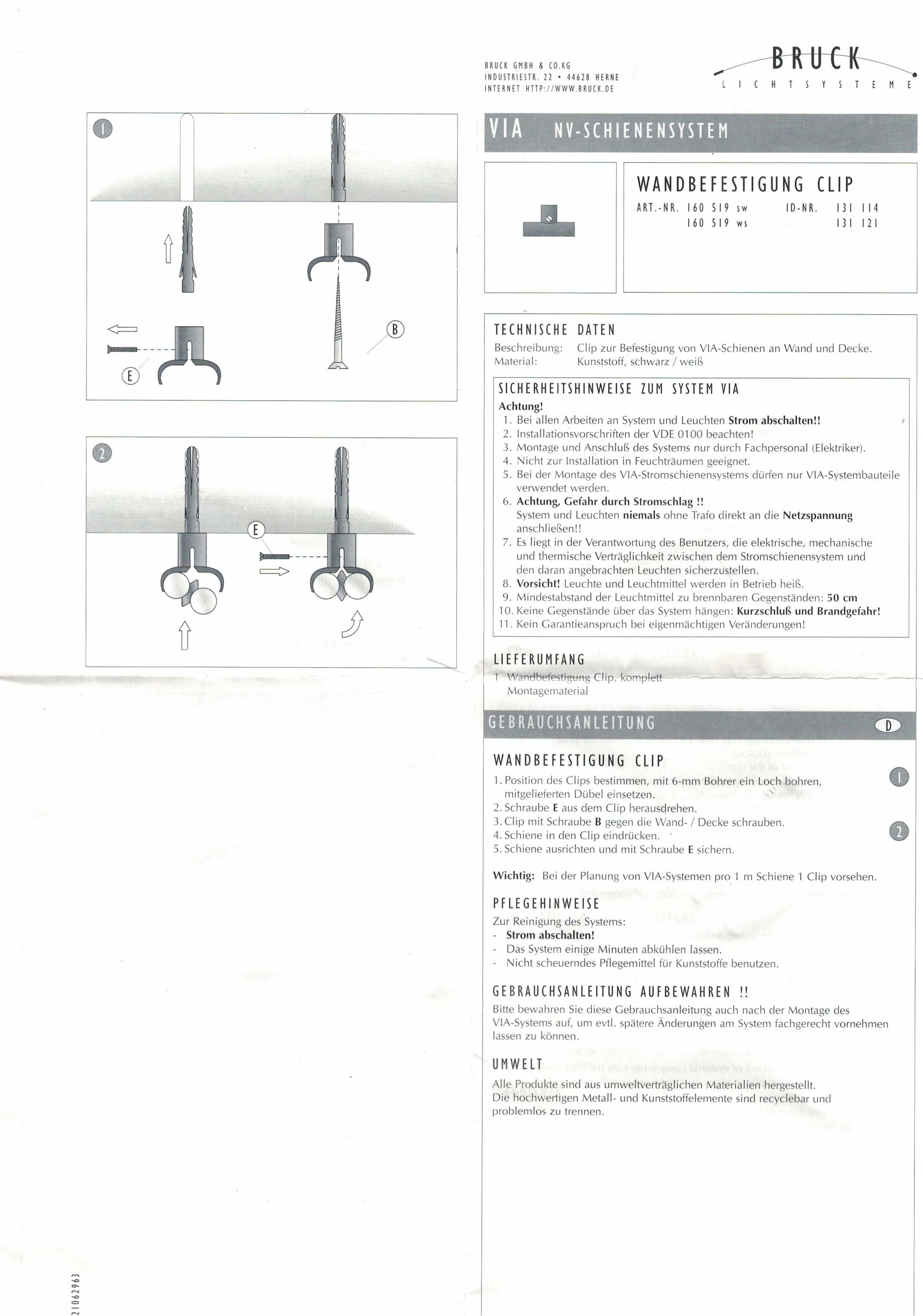 anleitung Deckenbefestigung Wandhalter Schiene  Schienensystem 12V VIA Bruck Lichtsysteme Clips 160 519 ws 