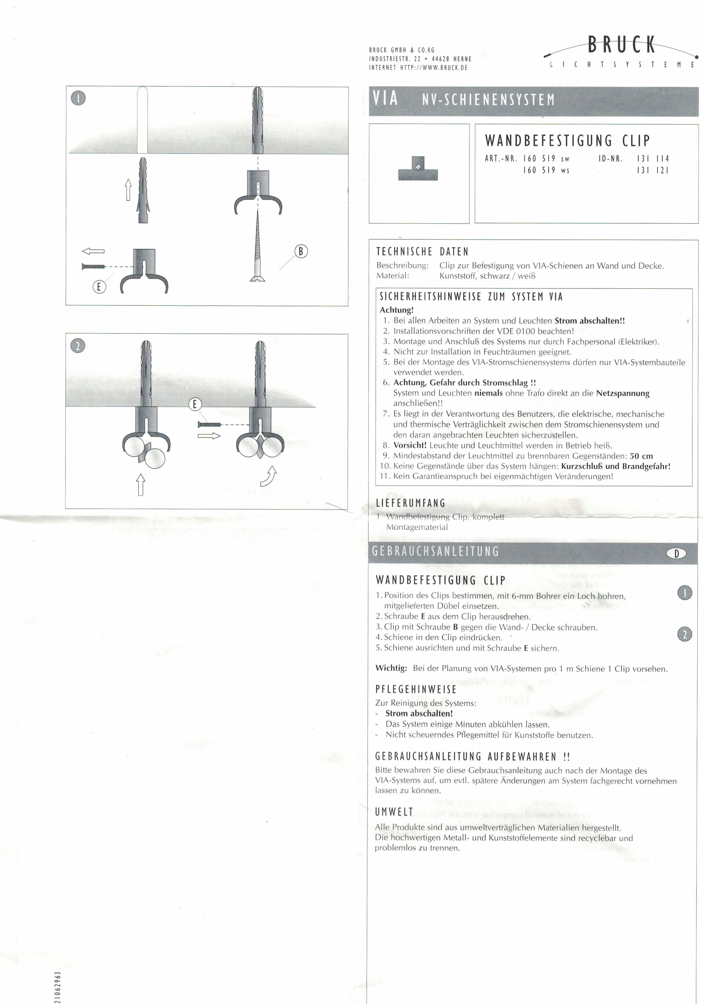 anleitung Deckenbefestigung Wandhalter Schiene  Schienensystem 12V VIA Bruck Lichtsysteme Clips 160 519 ws 