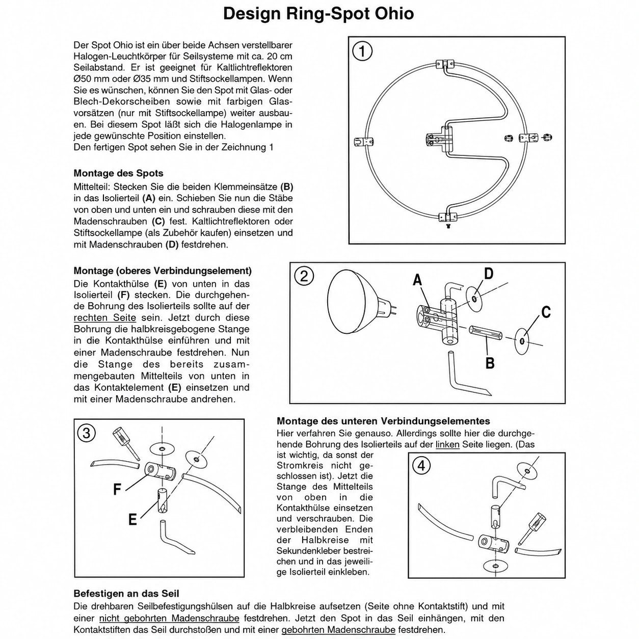 Montageanleitung für 12V Ring-Seilspot und Strahler für Niedervolt-Seilsystem ohio line & light