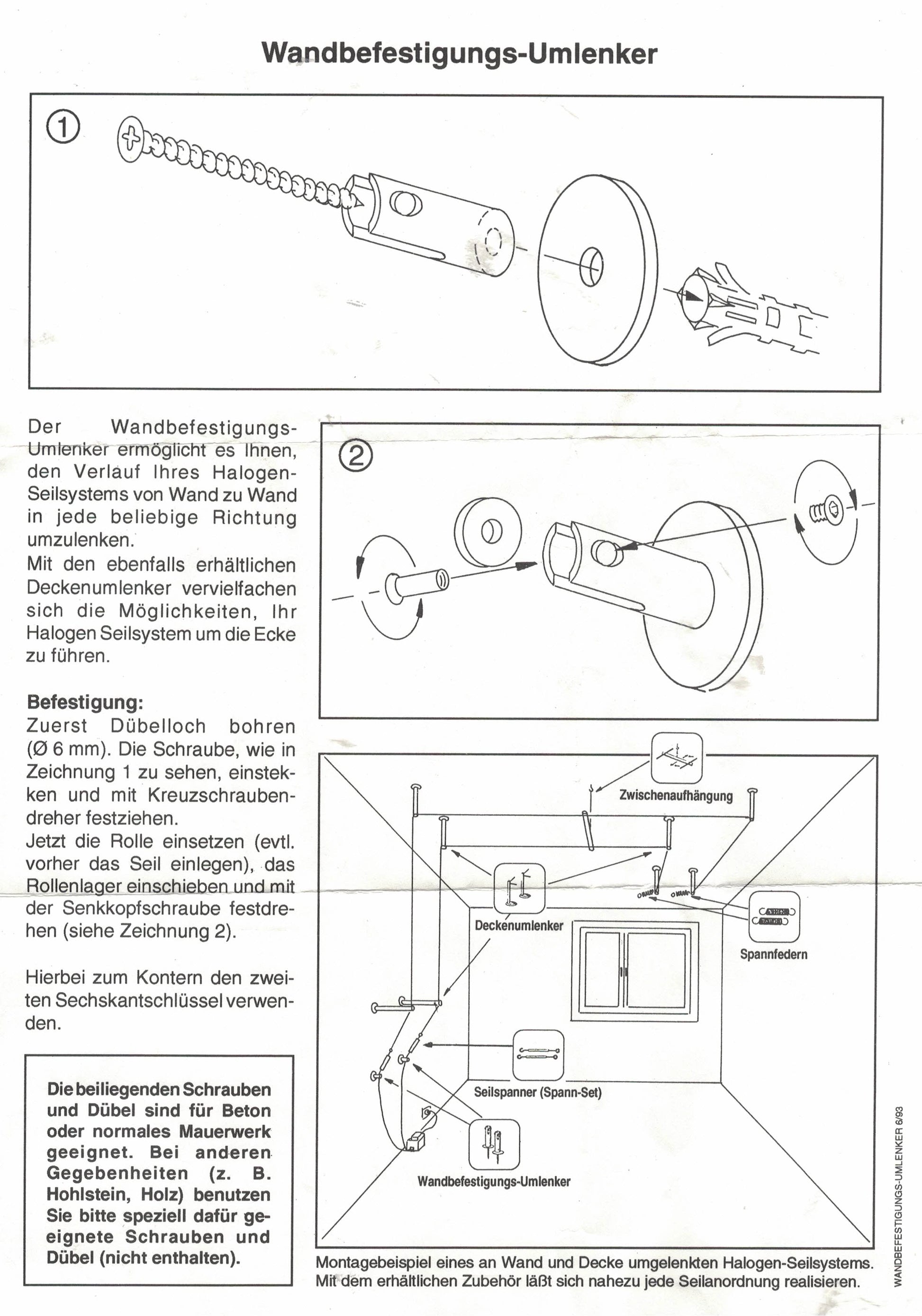 Anleitung Montage Chrom Umlenker mit Führungsrolle zur Wandmontage für Gardinen-Spannseil, Drahtseil und Seilführung