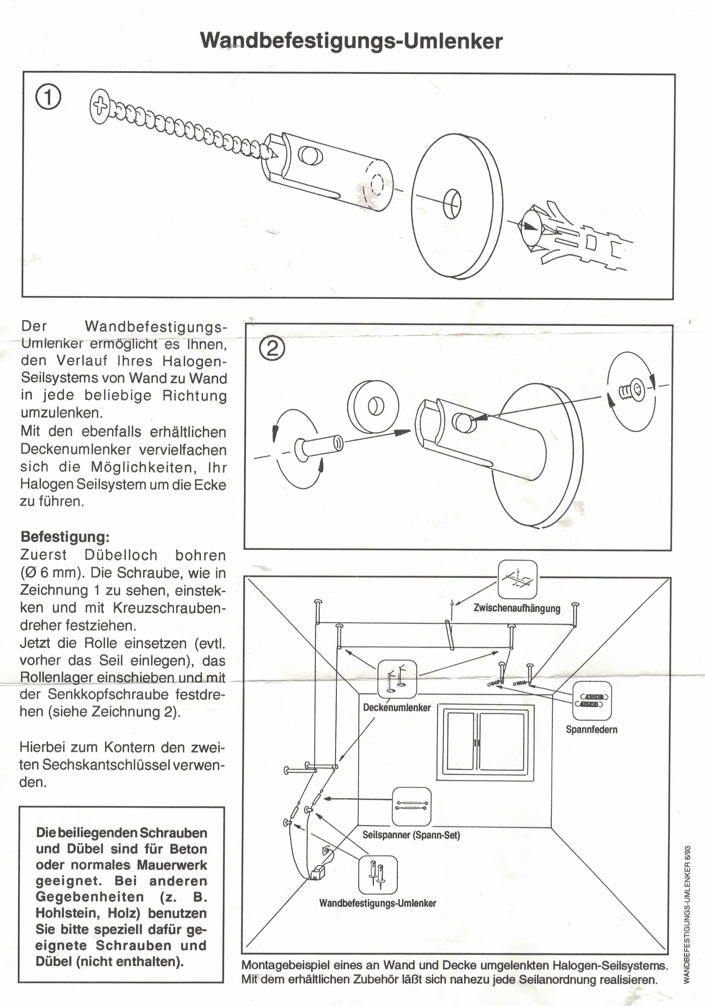 Anleitung Montage Chrom Umlenker mit Führungsrolle zur Wandmontage für Gardinen-Spannseil, Drahtseil und Seilführung