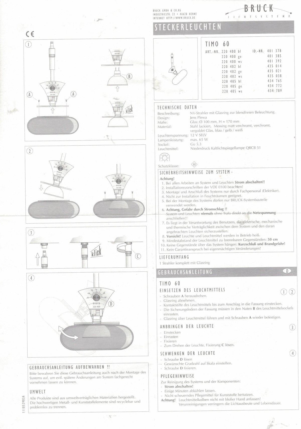 Strahler Timo 60 Bruck Stecksystem mit NV-Stecker schwarz gold GU5,3