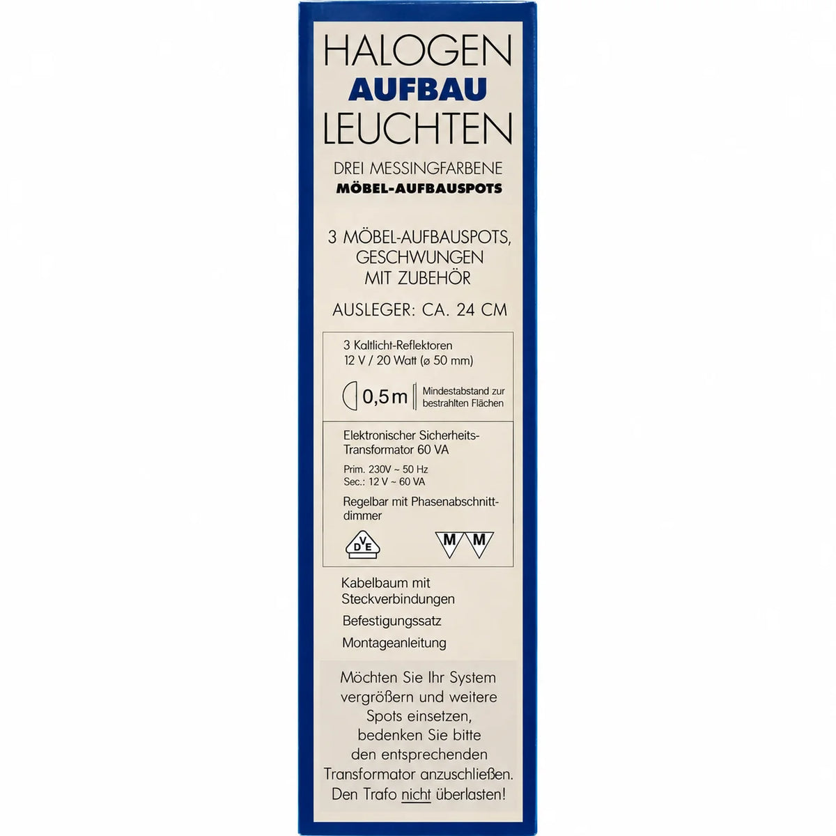 Messingfarbene Schrankaufsatzleuchten im 3er-Set mit 12V Halogenlampen, 60VA Transformator und Montagezubehör