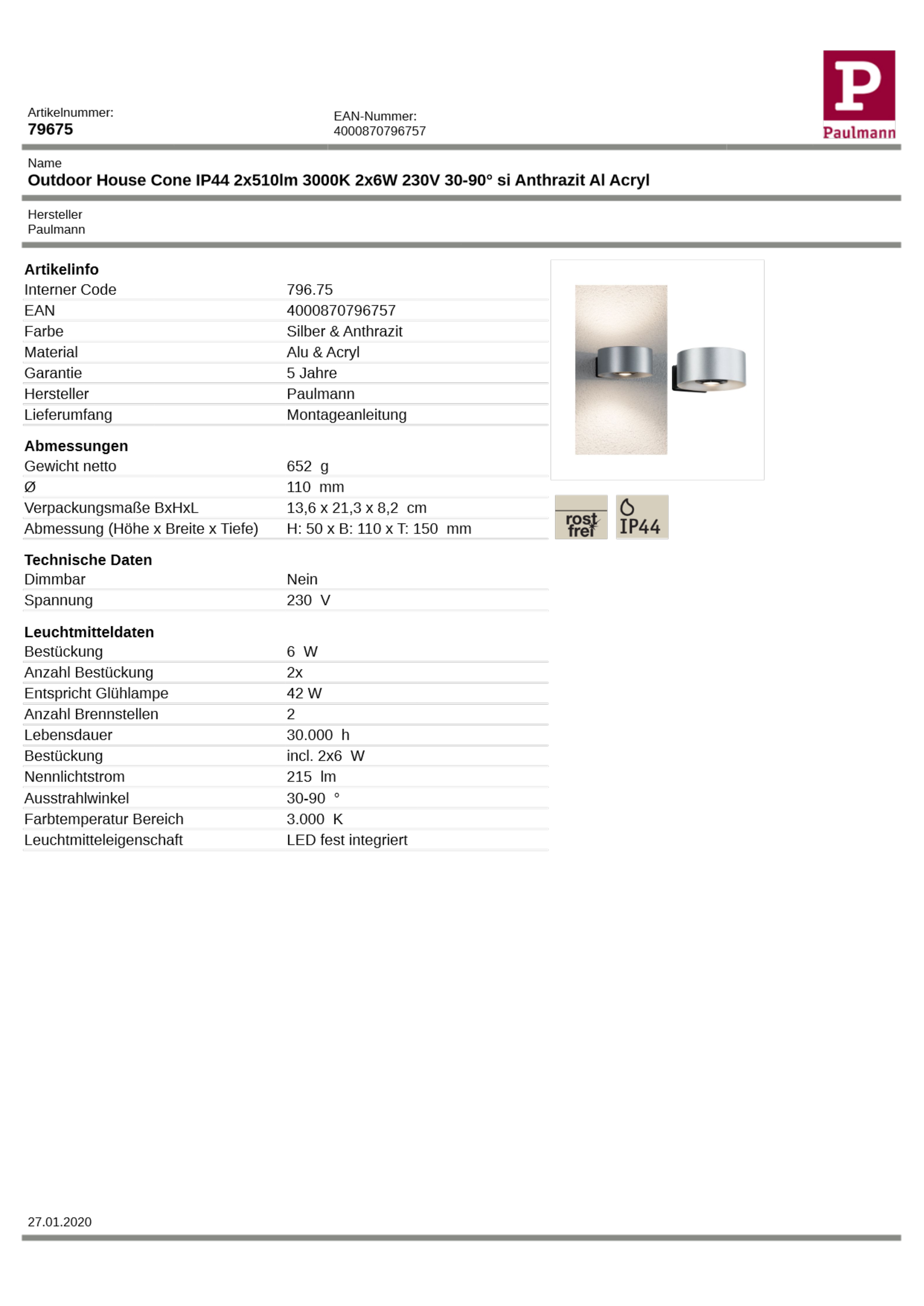 Technisches Datenblatt der Paulmann LED Außenwandleuchte Cone 796.75 mit technischen Informationen und Abmessungen