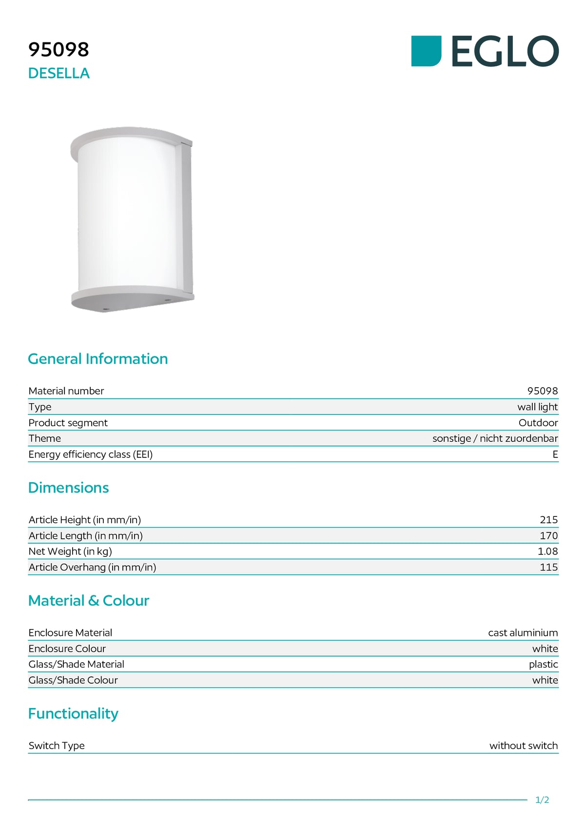 "EGLO DESELLA 95098 technische Daten und Produktangaben
