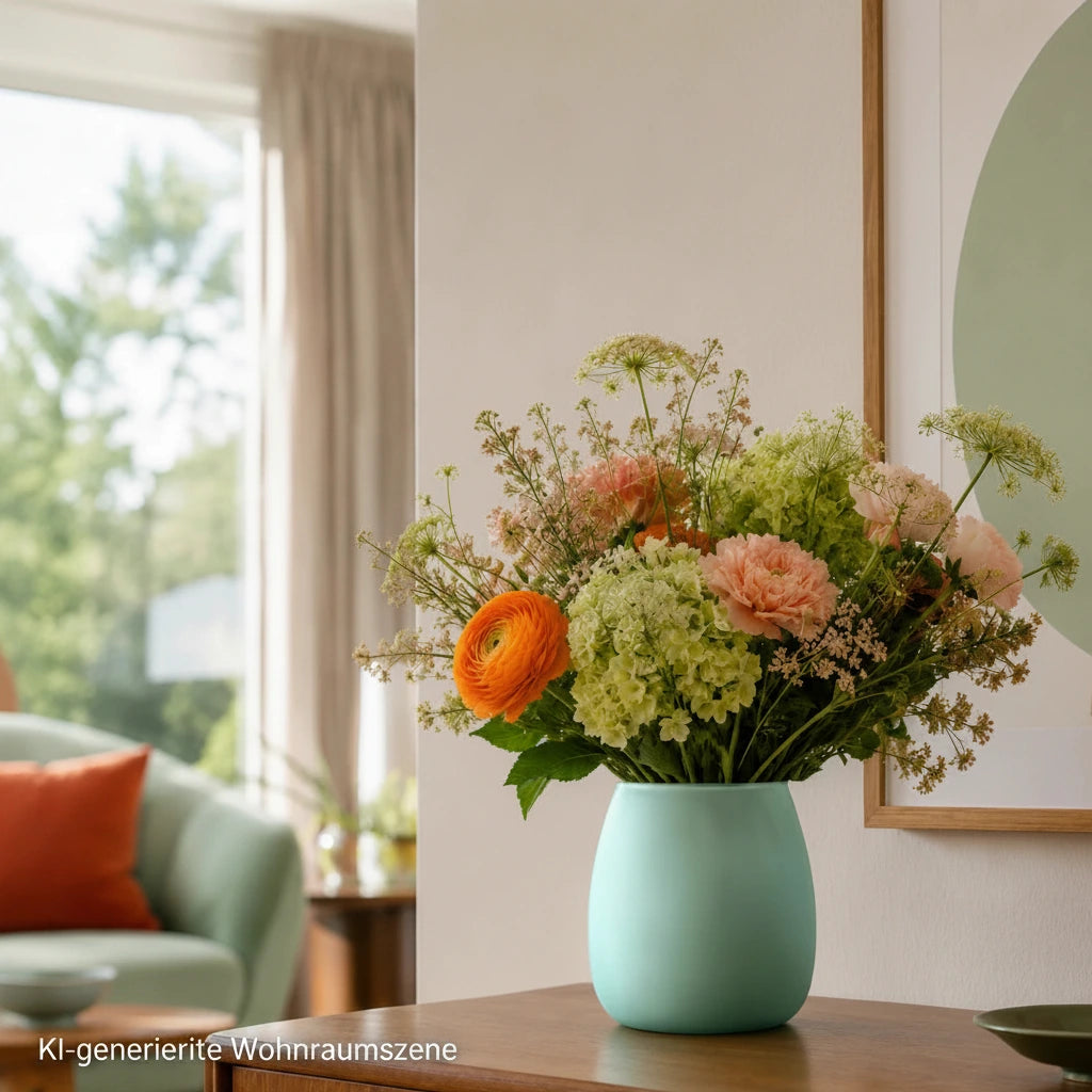Pastellgrüne bauchige Glasvase Elsa mit frischem Blumenstrauß auf einem Sideboard im Retro-Wohnzimmer