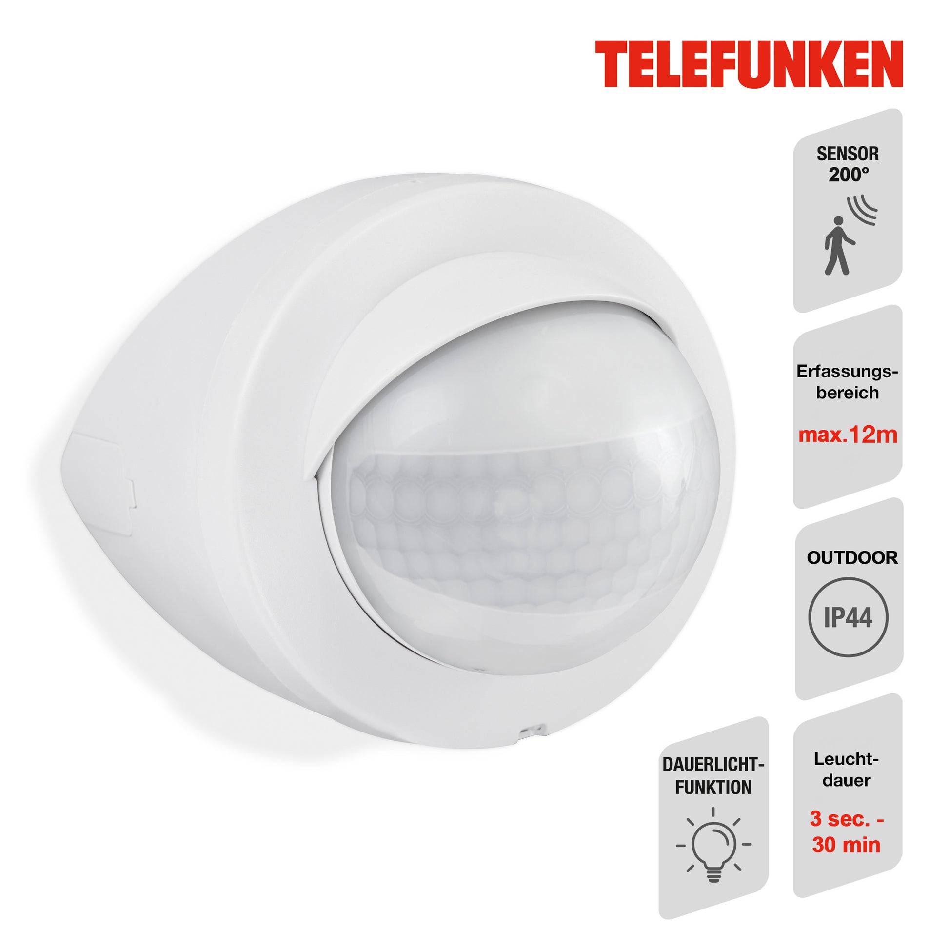 Bewegungsmelder für außen weiß Reichweite 12m 200° Eckmontage IP44 