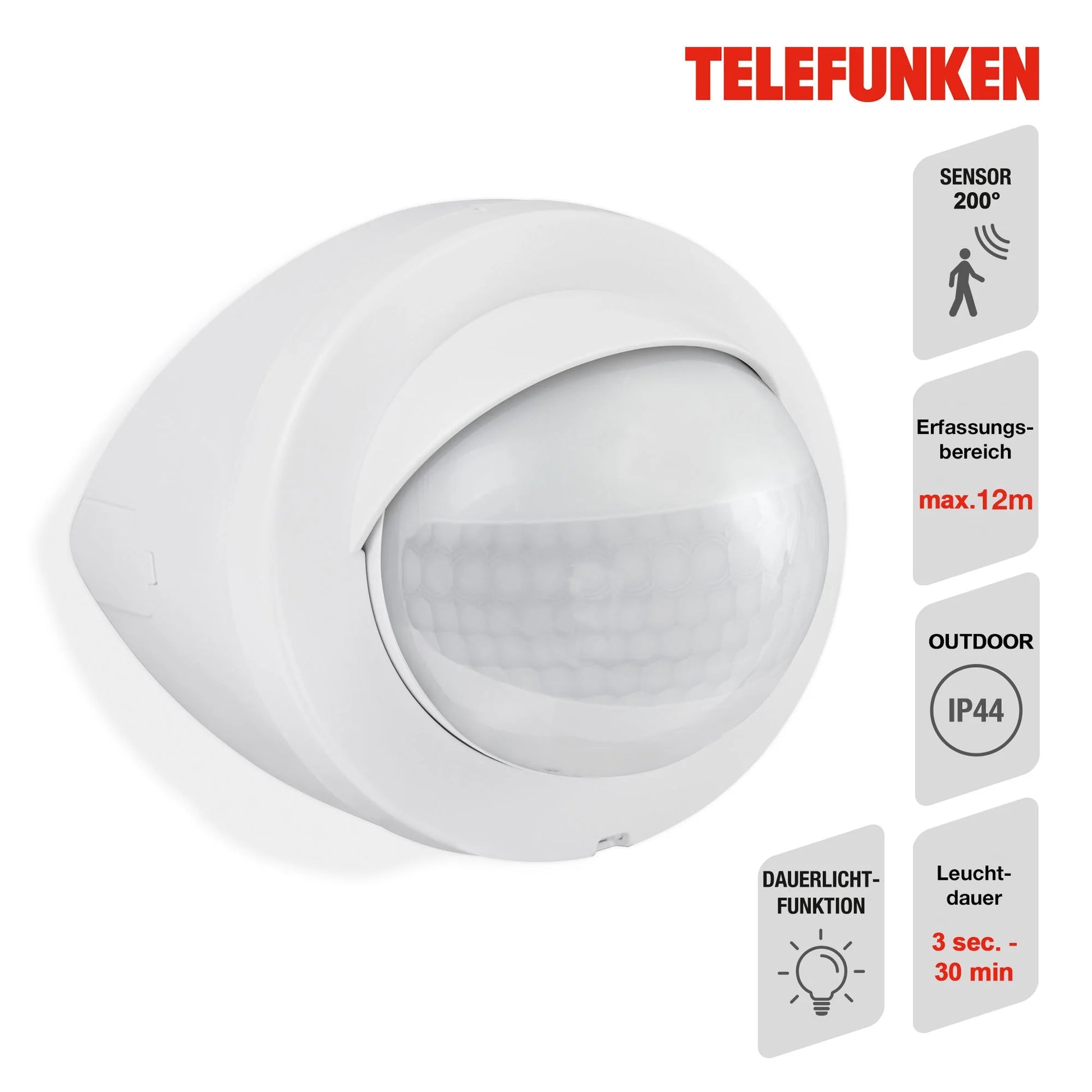 Bewegungsmelder für außen weiß Reichweite 12m 200° Eckmontage IP44 