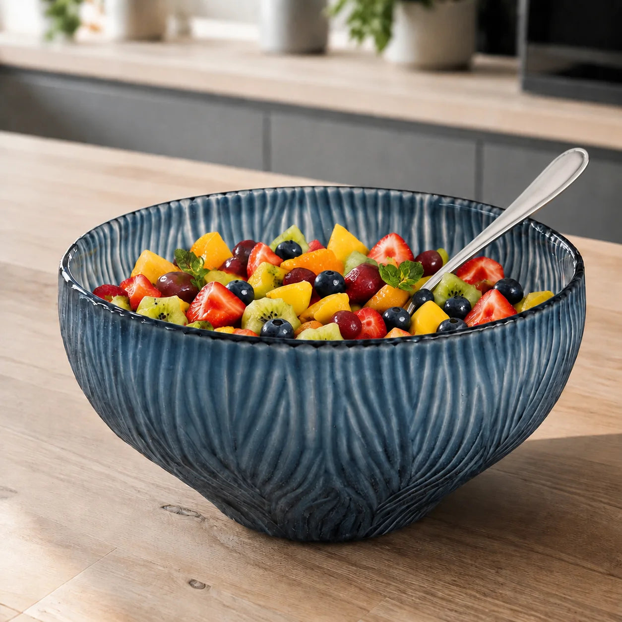 Blaue Sompex DINAH Glasschale mit frischem Obstsalat und großem Servierlöffel auf einer Küchenarbeitsplatte, SW13399