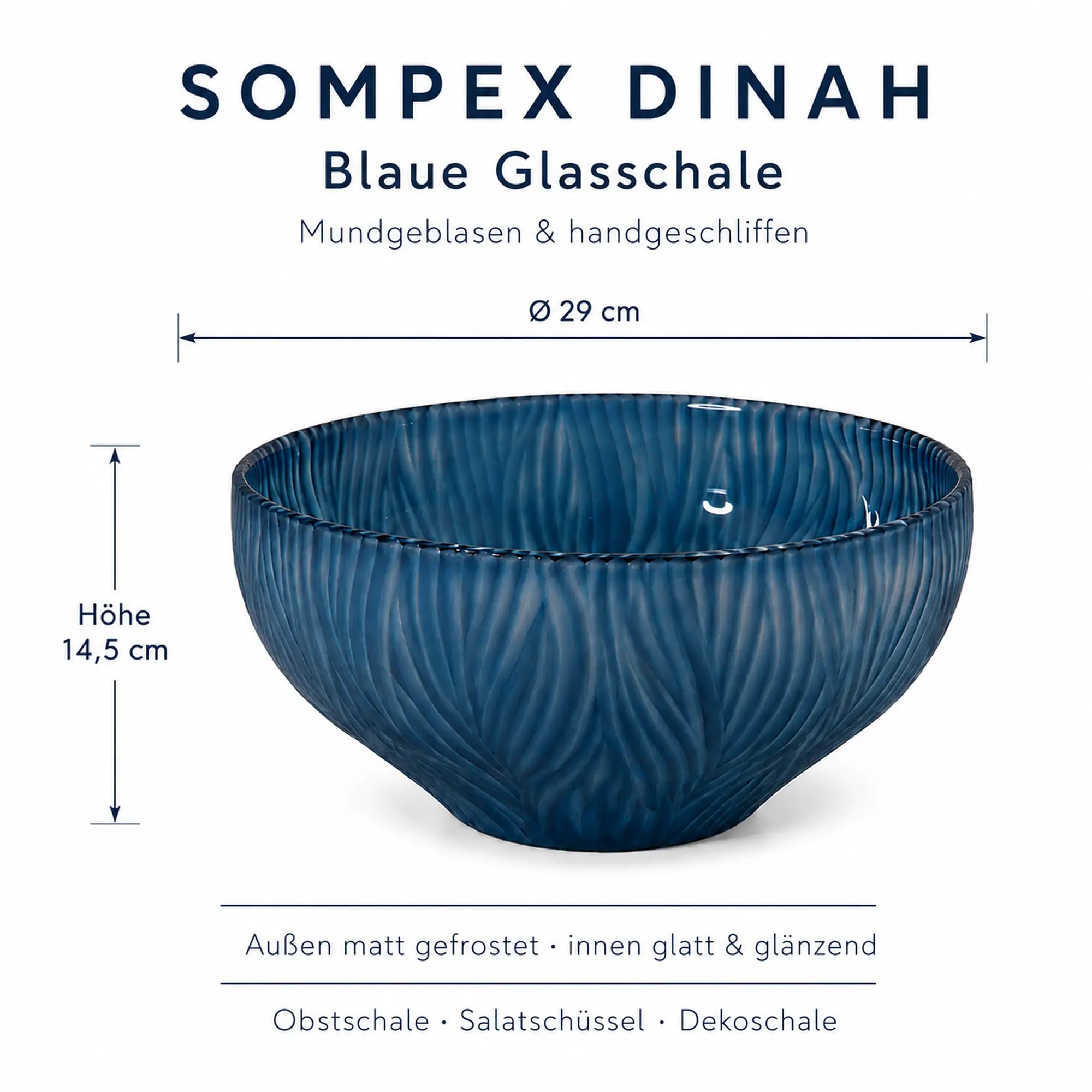 Maßdarstellung der blauen Sompex DINAH Glasschale mit 29 cm Durchmesser und 14,5 cm Höhe,  SW13399