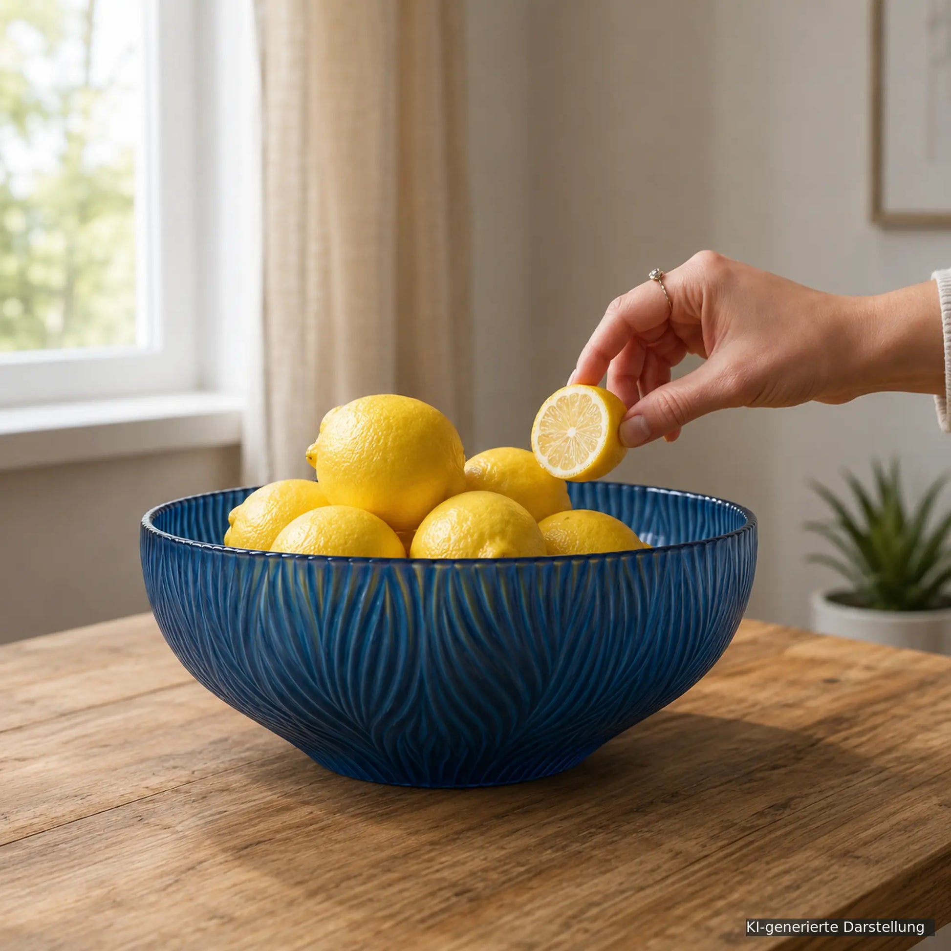 Blaue Sompex DINAH Glasschale mit frischen Zitronen auf einem Holztisch, eine Hand hält eine Zitronenhälfte über der Obstschale, Artikelnummer SW13399