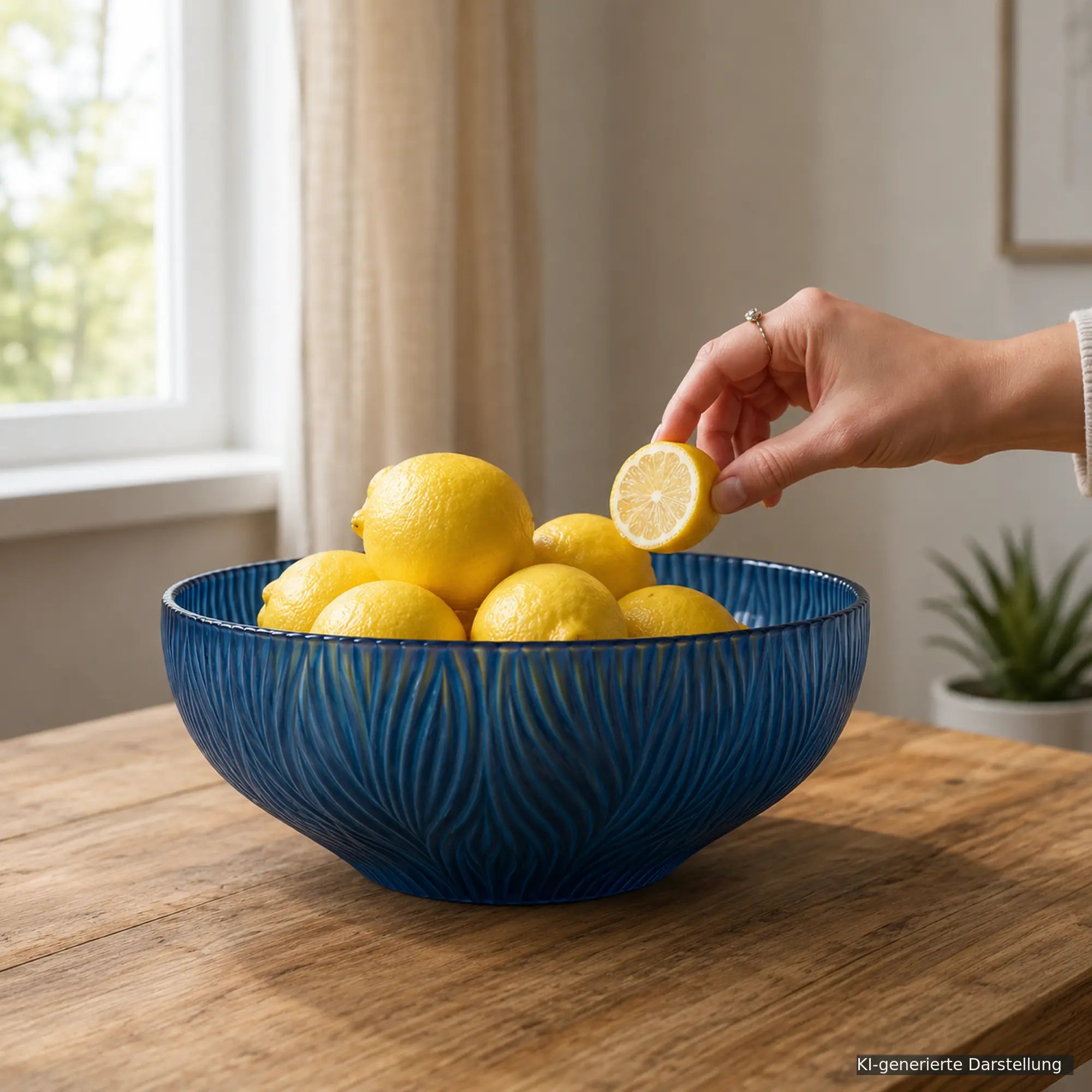 Blaue Sompex DINAH Glasschale mit frischen Zitronen auf einem Holztisch, eine Hand hält eine Zitronenhälfte über der Obstschale, Artikelnummer SW13399