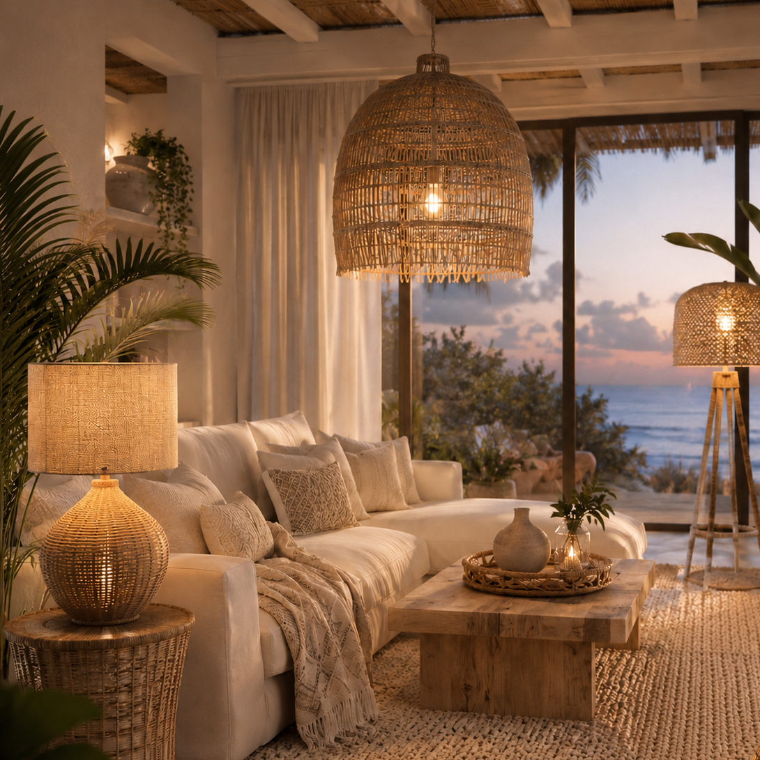Boho-Wohnzimmer mit Rattan-Pendelleuchte, Tischlampe und Stehlampe vor großem Fenster mit Meerblick.