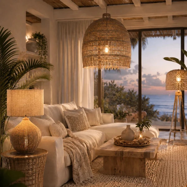 Boho-Wohnzimmer mit Rattan-Pendelleuchte, Rattan-Tischlampe und Stehlampe vor großem Fenster mit Meerblick.