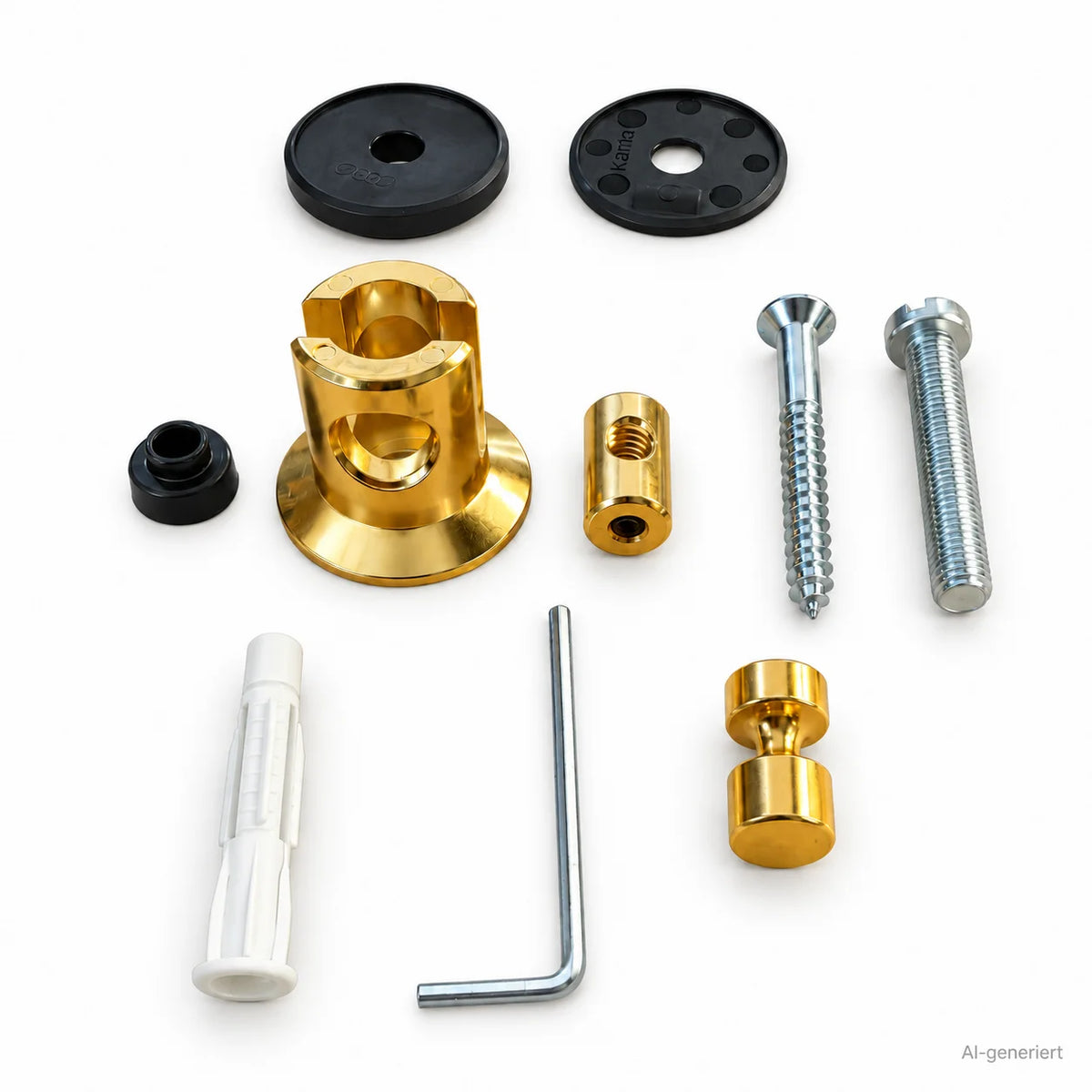 Lieferumfang der BRUCK VARIO Wandbefestigung in Gold mit Halterung, Schrauben, Dübel, Abdeckteilen, Klemmstück und Innensechskantschlüssel