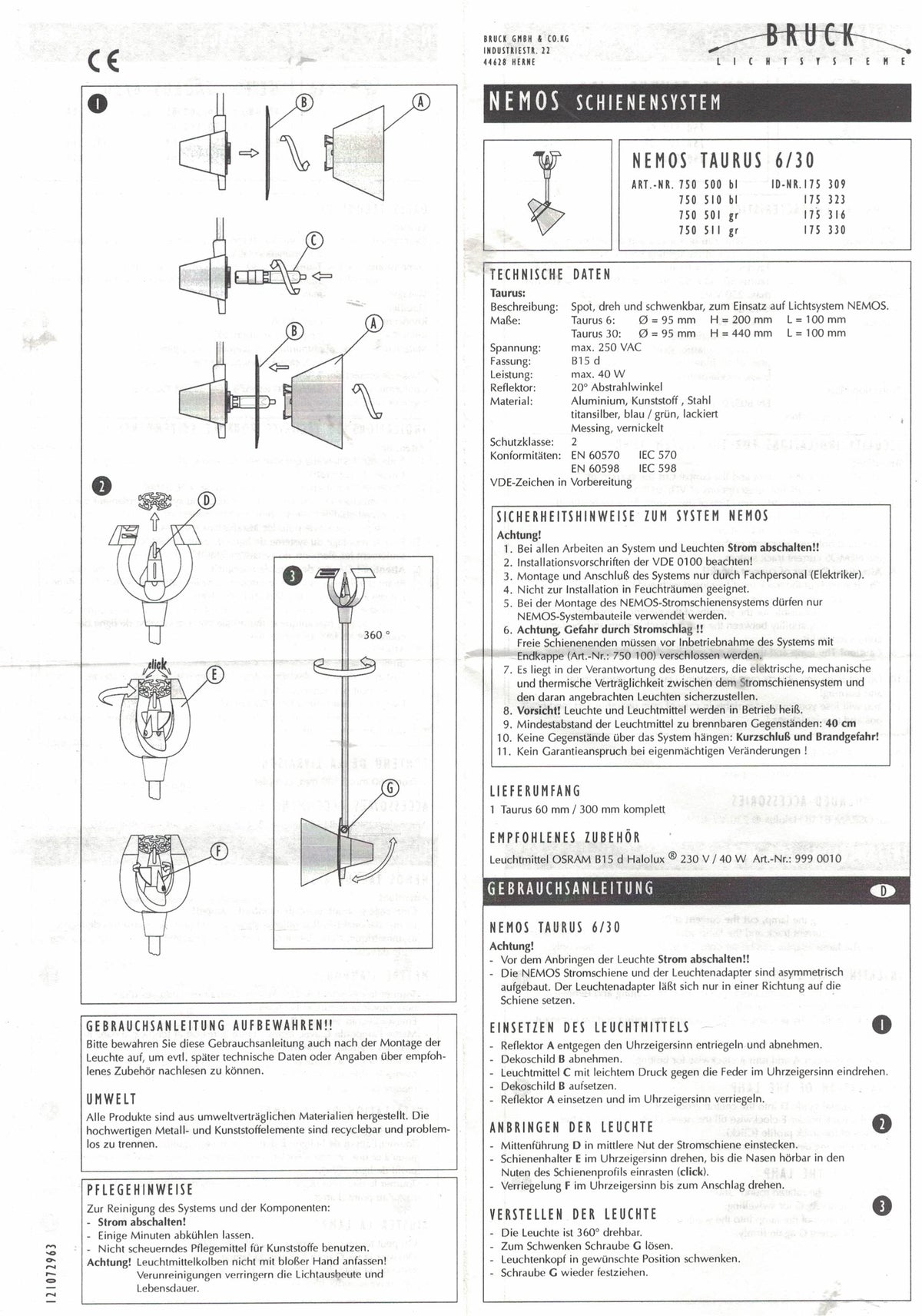 anleitung BRUCK NEMOS Taurus 30 Systemleuchte Schienen Spot 40W B15d